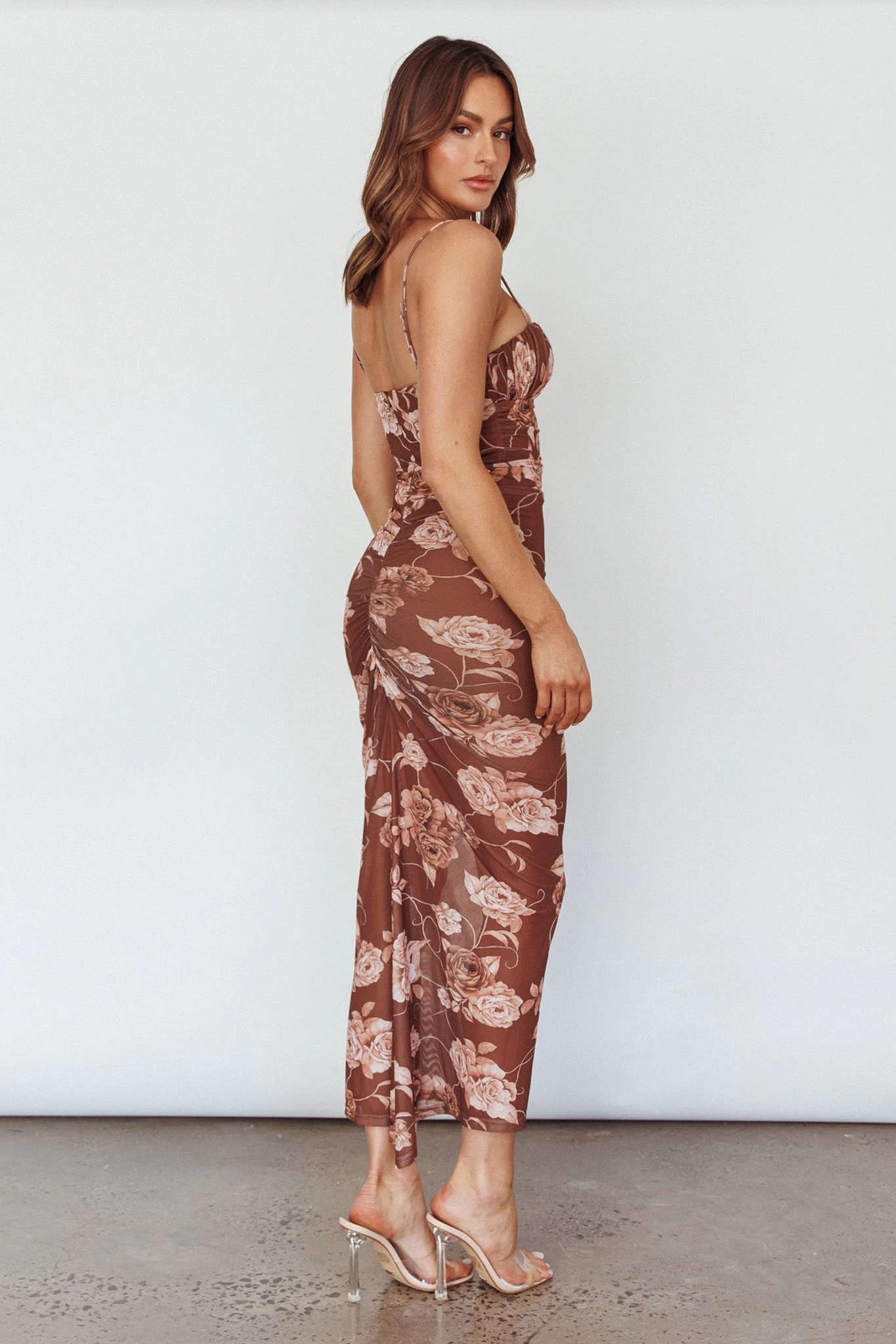 Zosia Ruched Maxi Dress Floral Coffee - Image 2