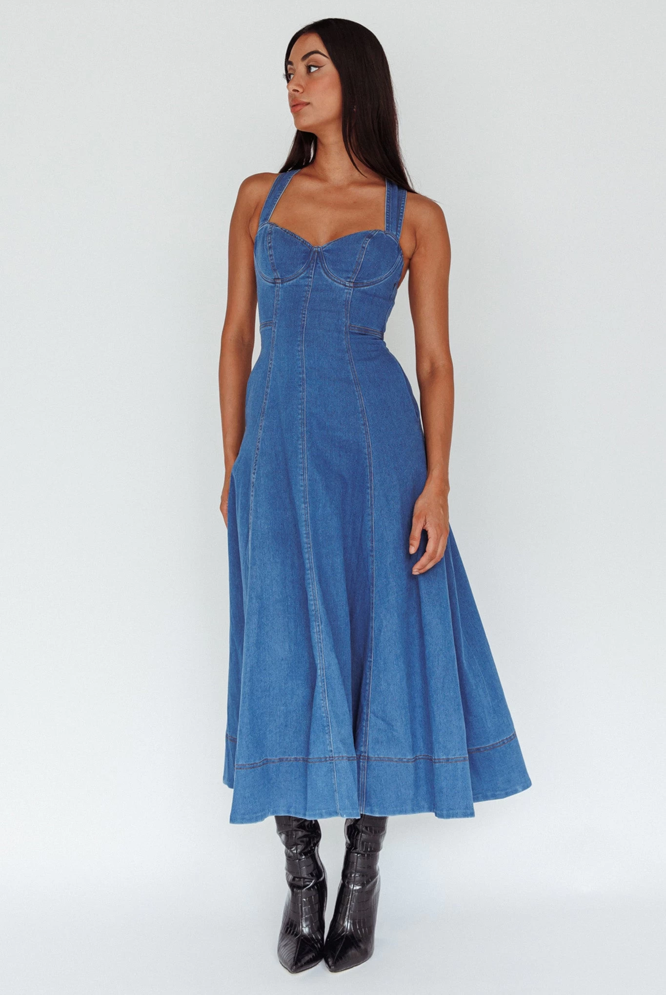 Ellora Criss-Cross Back Denim Maxi Dress Navy - Image 3