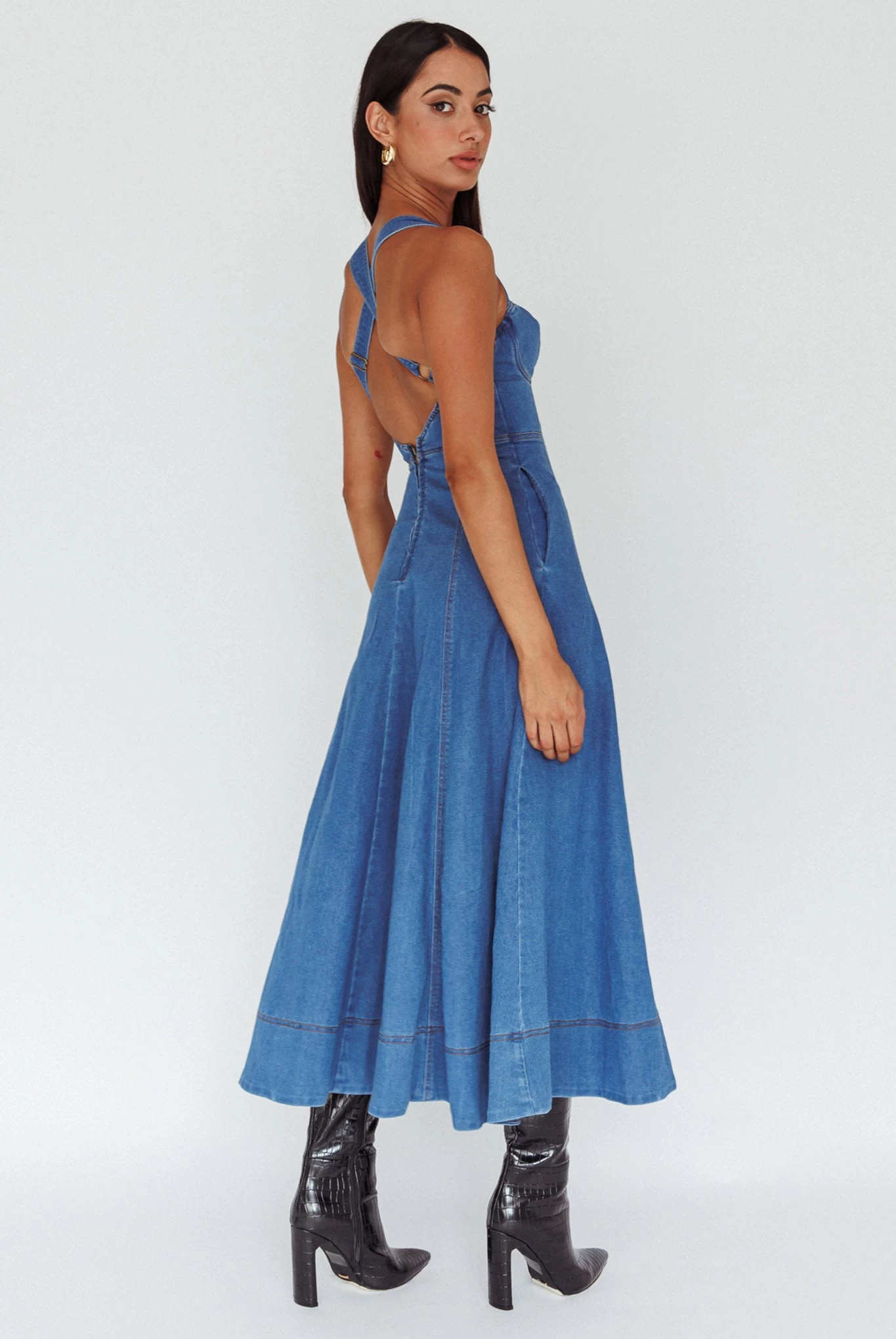 Ellora Criss-Cross Back Denim Maxi Dress Navy - Image 2