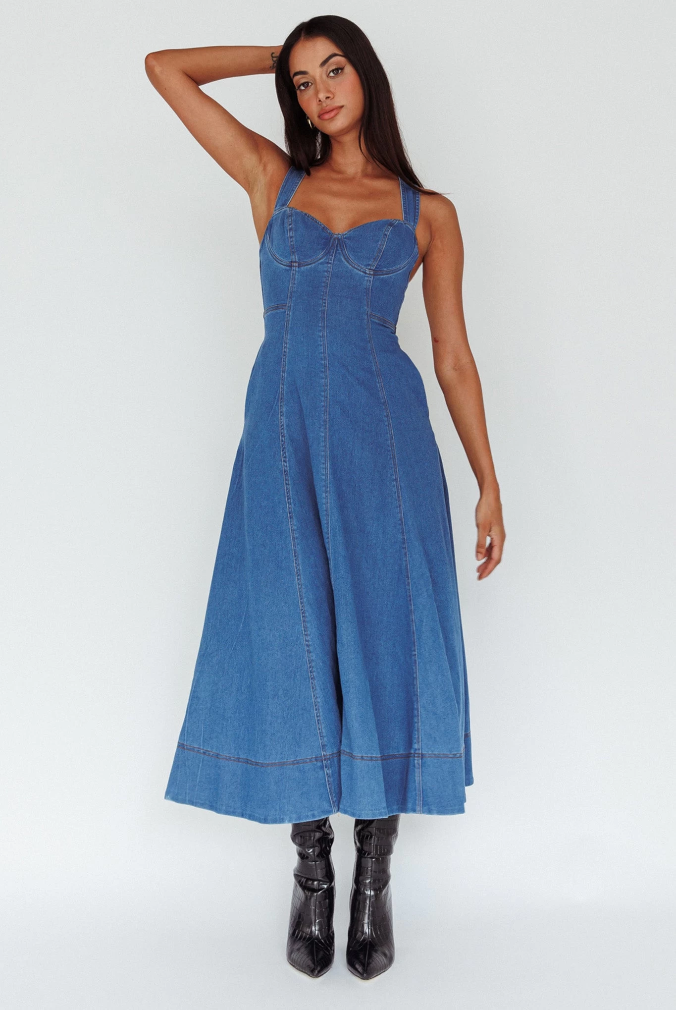 Ellora Criss-Cross Back Denim Maxi Dress Navy - Image 5