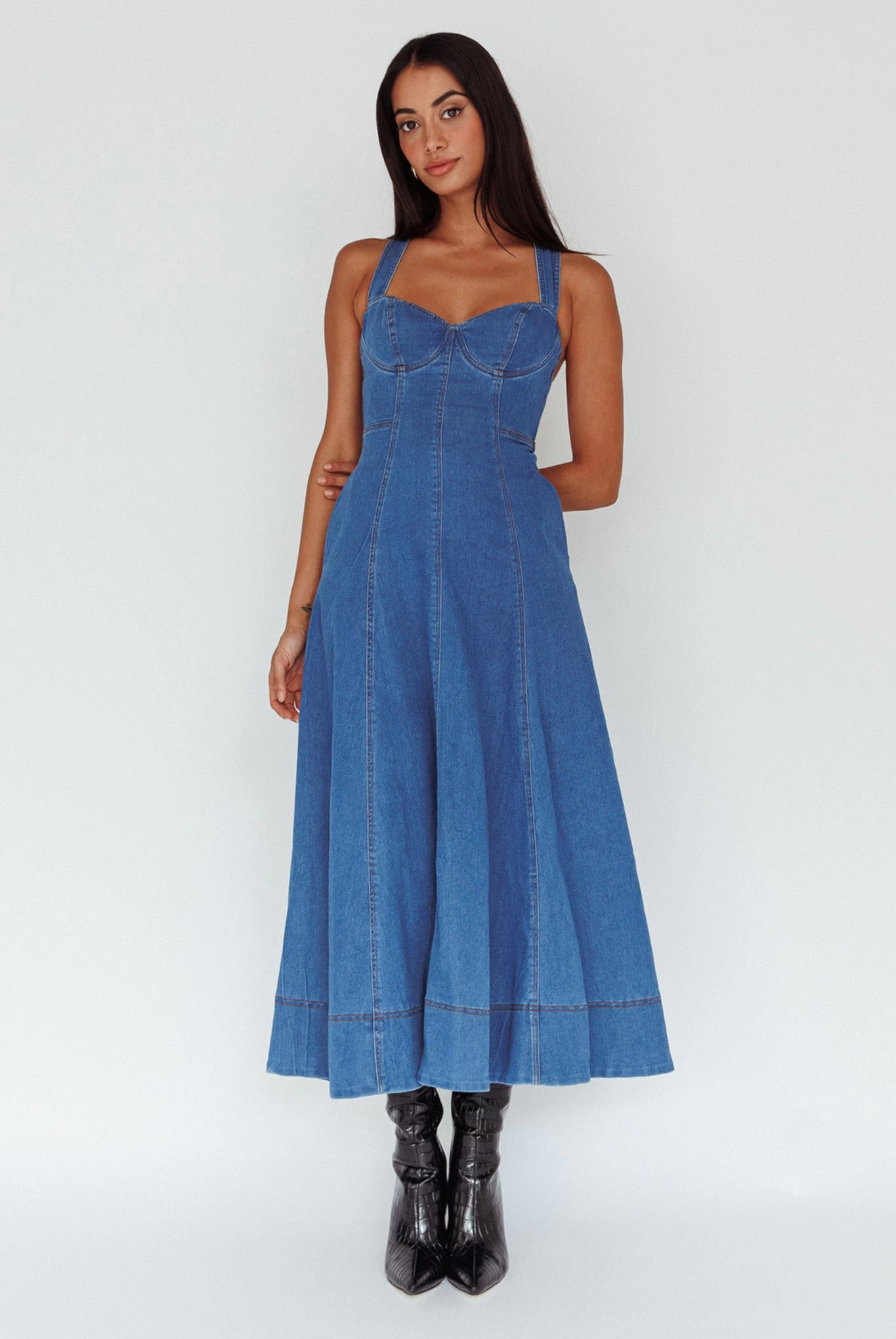 Ellora Criss-Cross Back Denim Maxi Dress Navy - Image 6