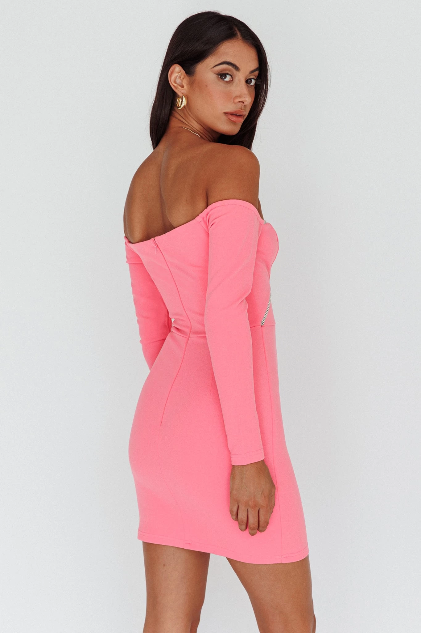A-List Diamante Trim Long Sleeve Mini Dress Hot Pink - Image 2