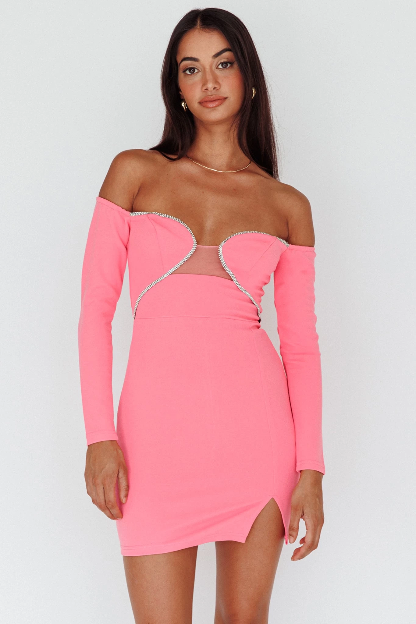 A-List Diamante Trim Long Sleeve Mini Dress Hot Pink - Image 5