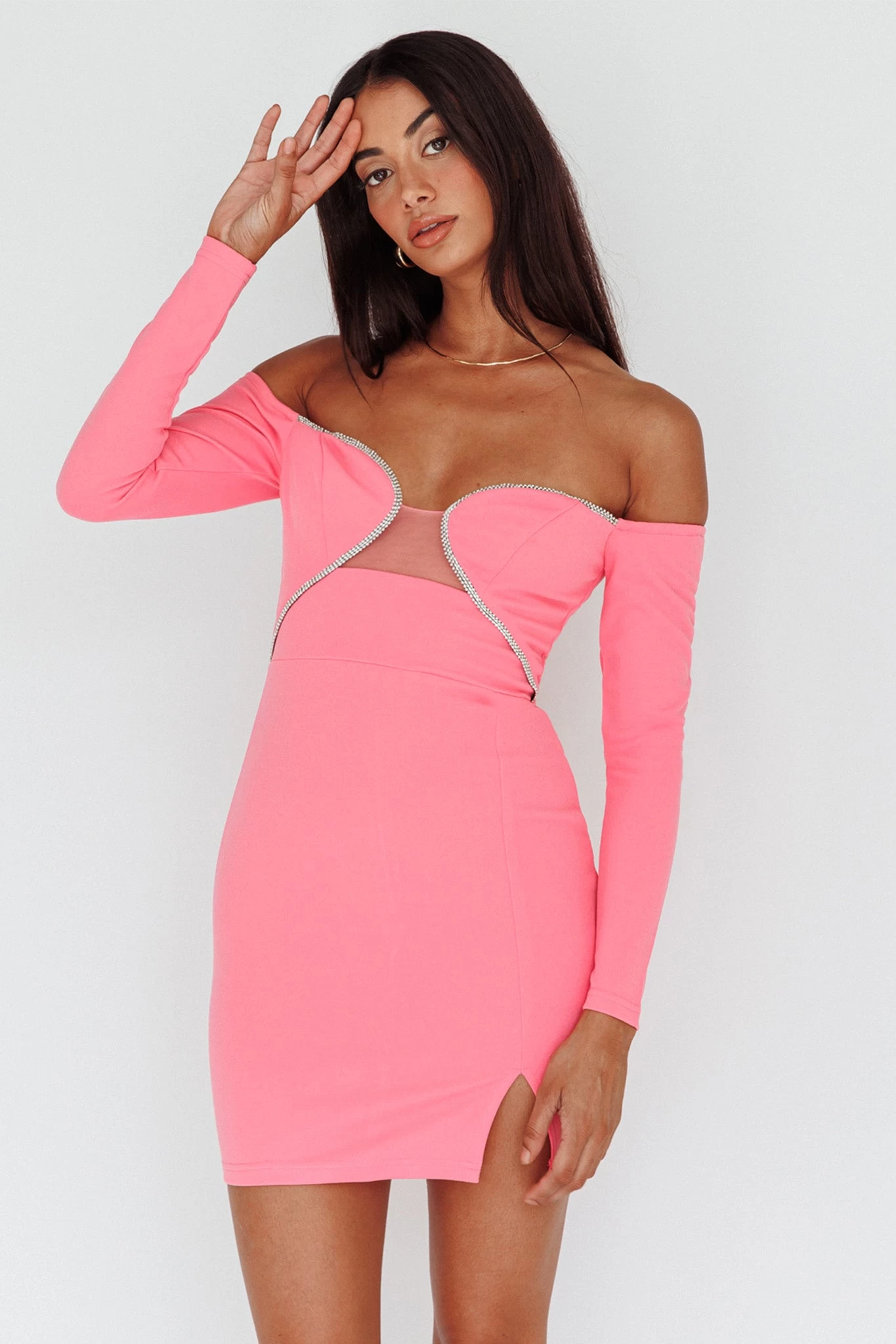 A-List Diamante Trim Long Sleeve Mini Dress Hot Pink - Image 7