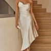 Morning Sun Cowl Neckline Asymmetrical Hem Midi Dress Champagne
