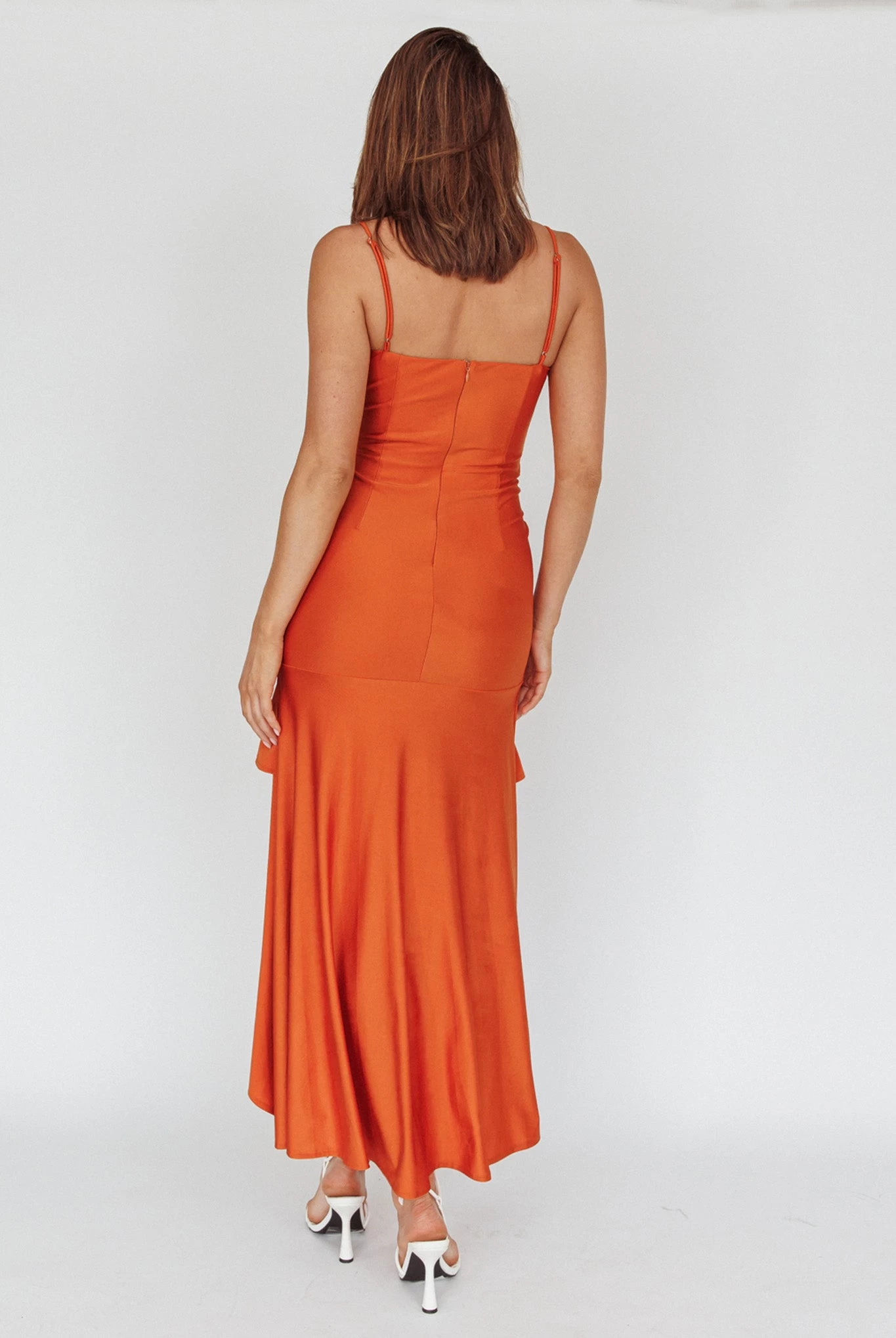 Rosalia Ruched Ruffle Maxi Dress Chocolate - Image 3