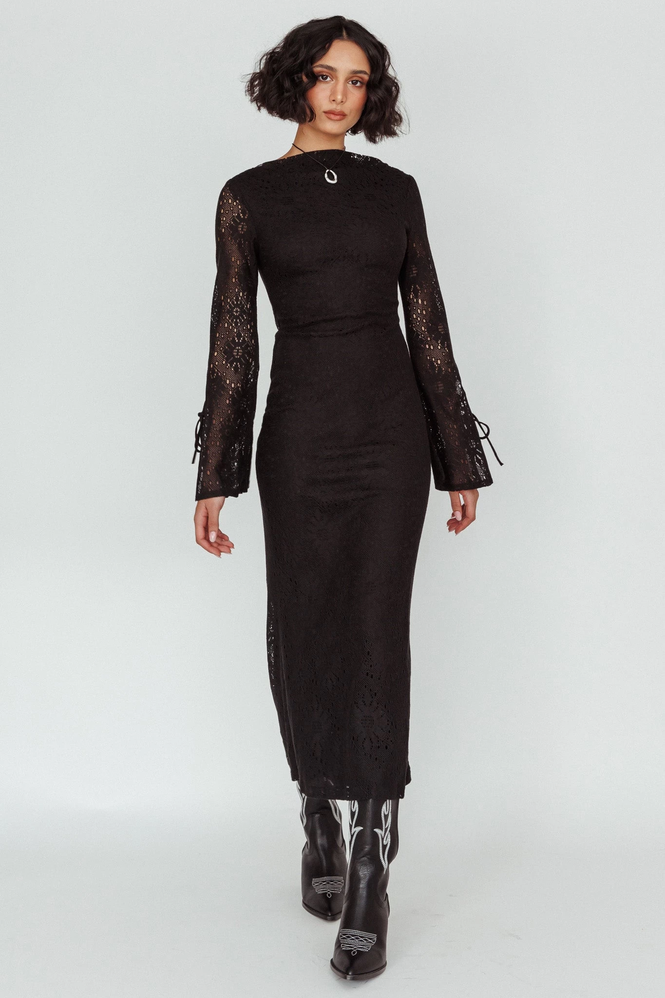 Kalia Long Sleeve Lace Midi Dress Black - Image 3