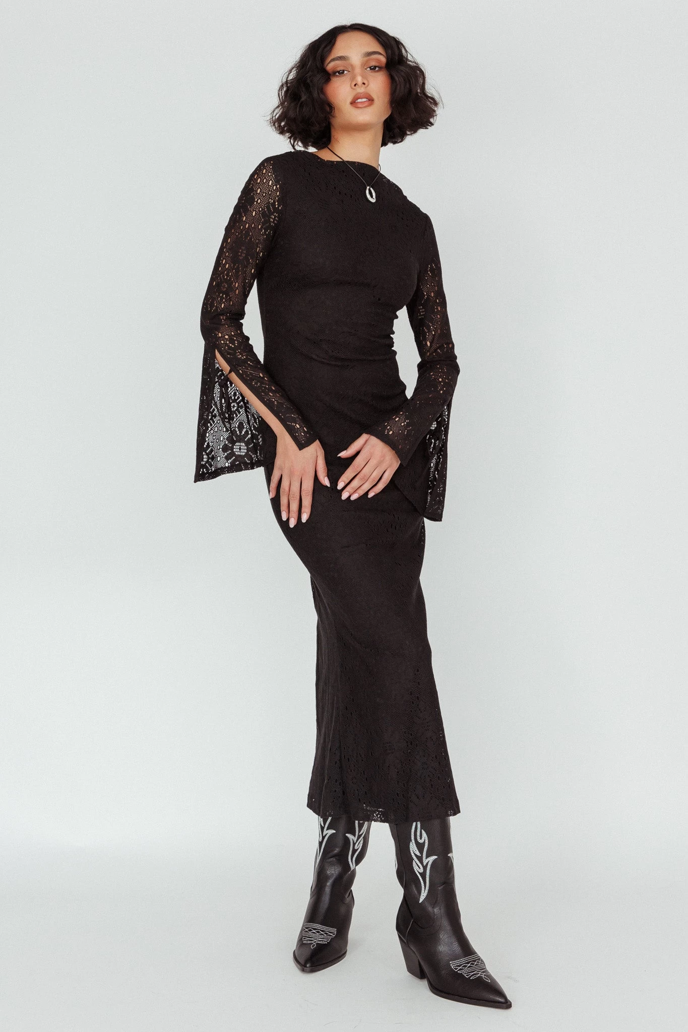 Kalia Long Sleeve Lace Midi Dress Black - Image 6