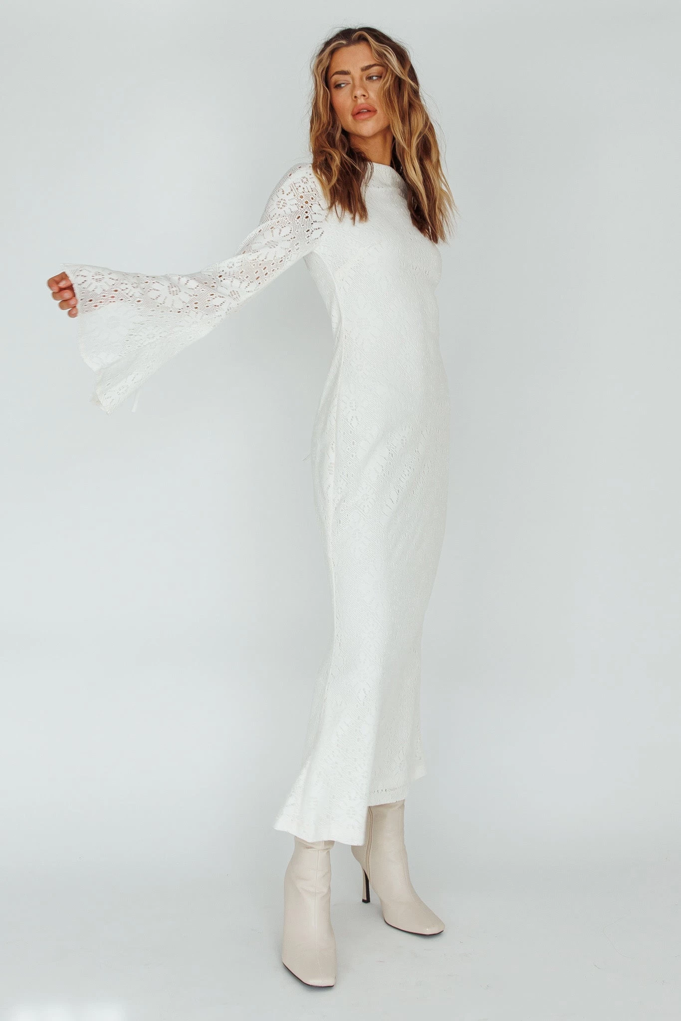 Kalia Long Sleeve Lace Midi Dress Cream - Image 3
