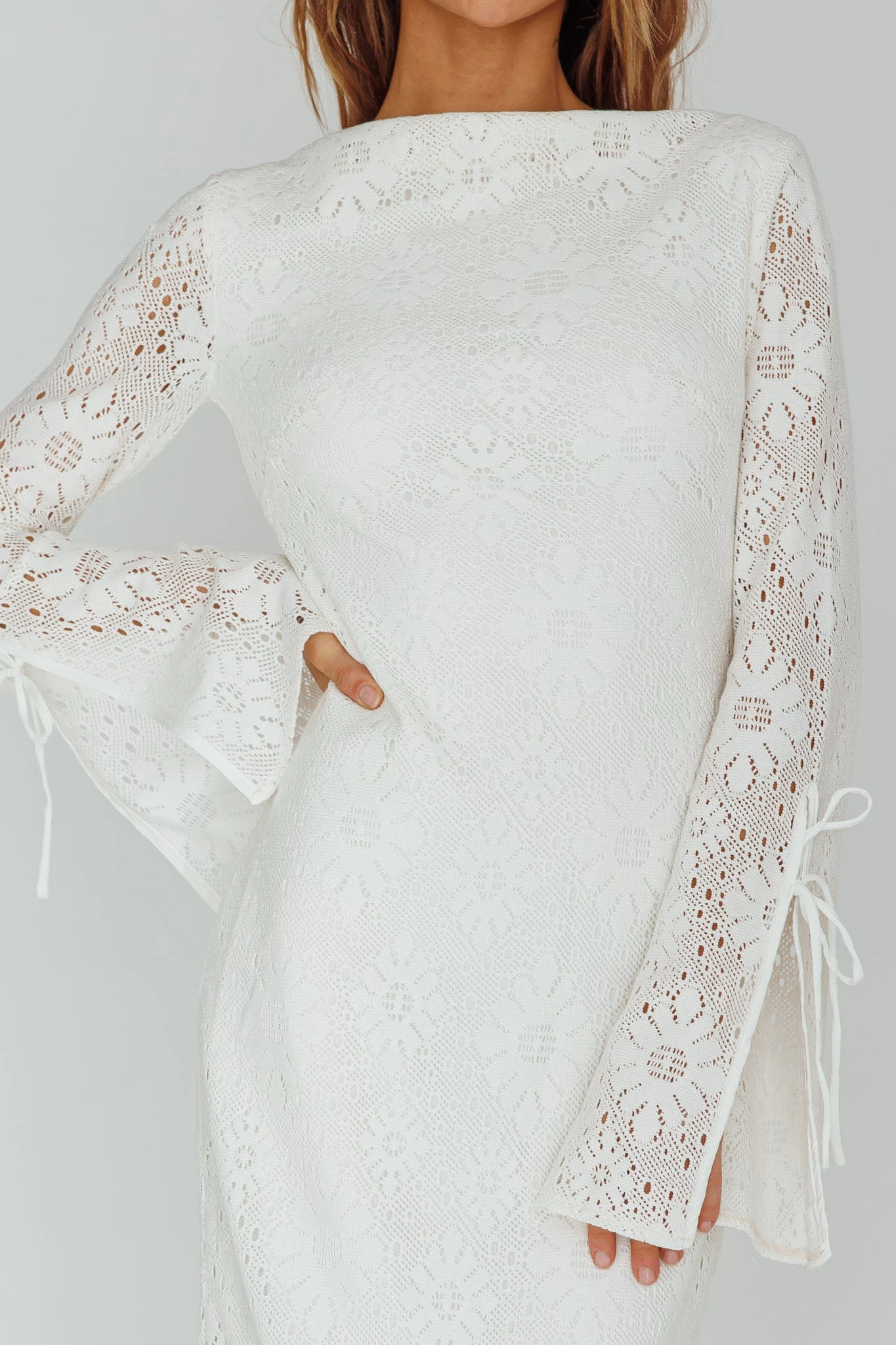 Kalia Long Sleeve Lace Midi Dress Cream - Image 4