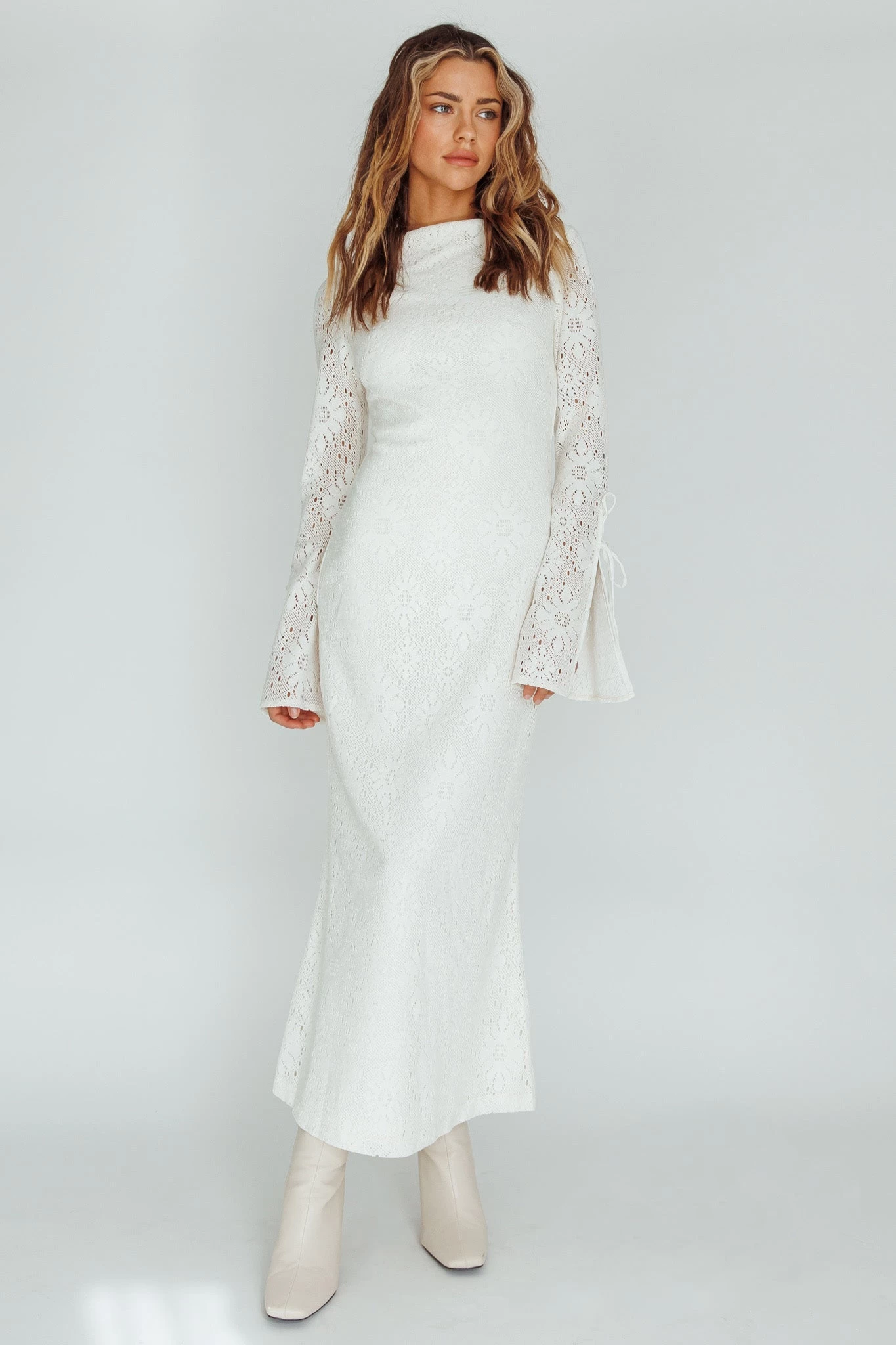 Kalia Long Sleeve Lace Midi Dress Cream - Image 5