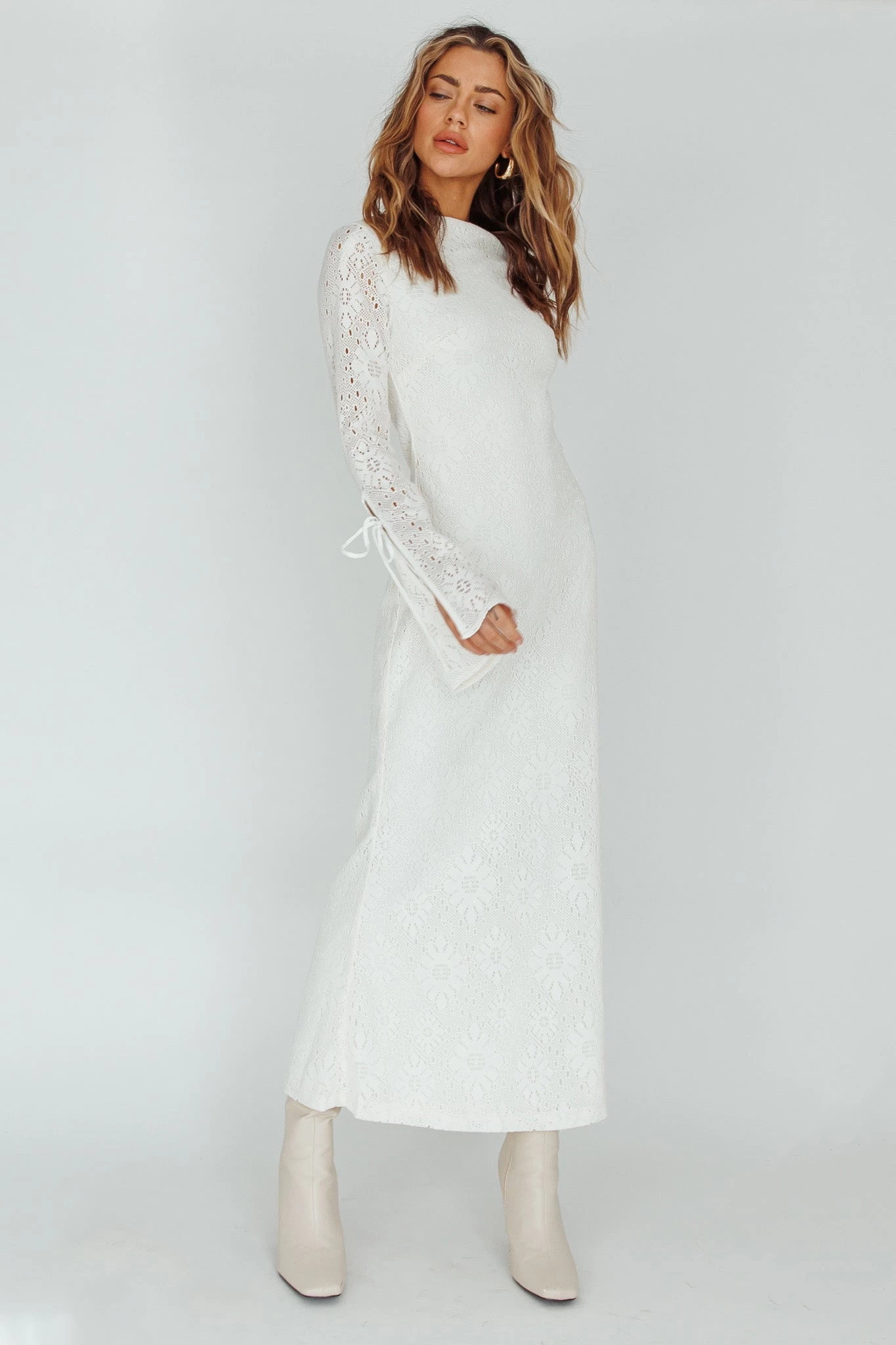 Kalia Long Sleeve Lace Midi Dress Cream - Image 6