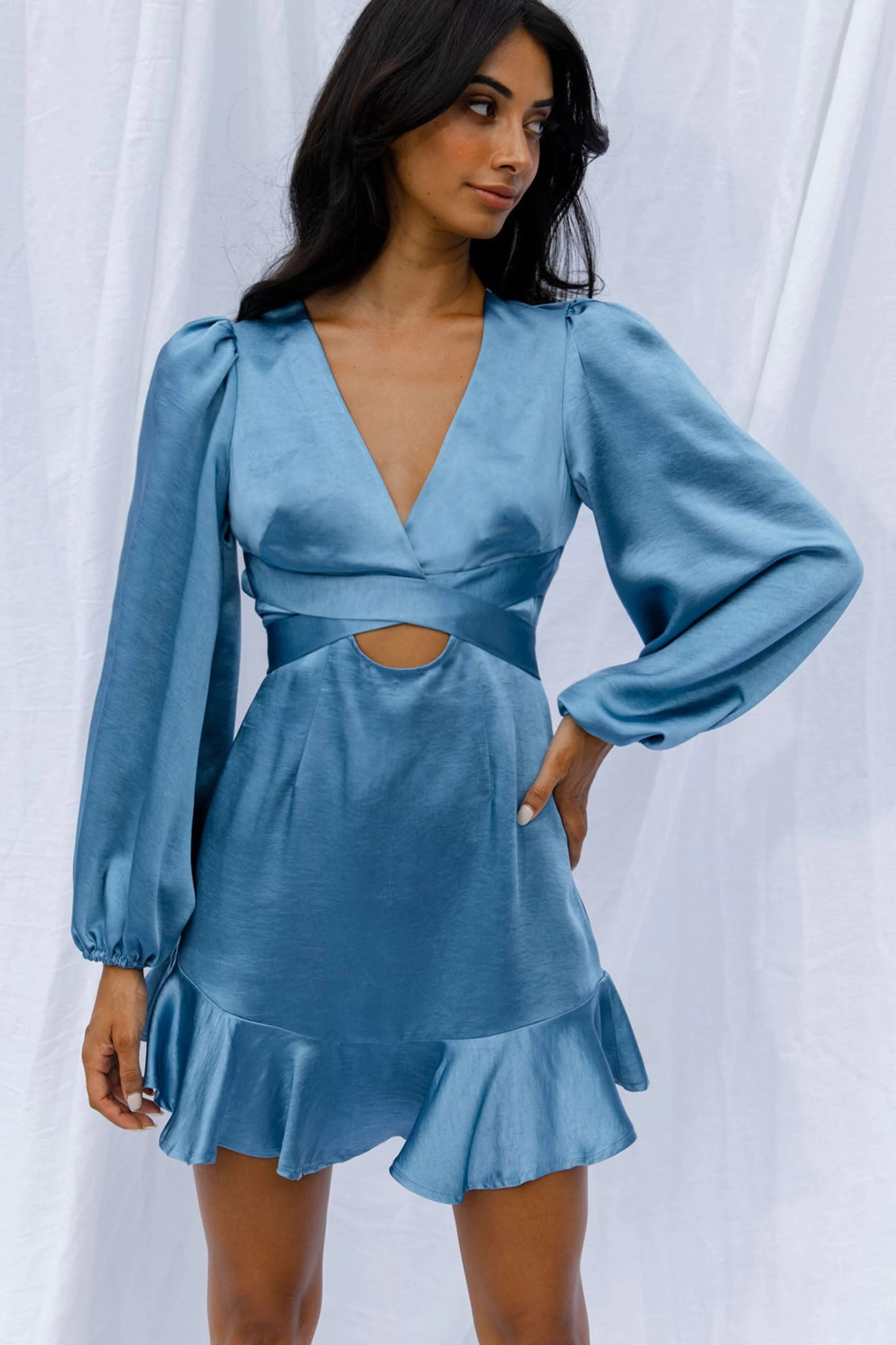 Playa Vista Long Sleeve Frill Hem Dress Blue - Image 4