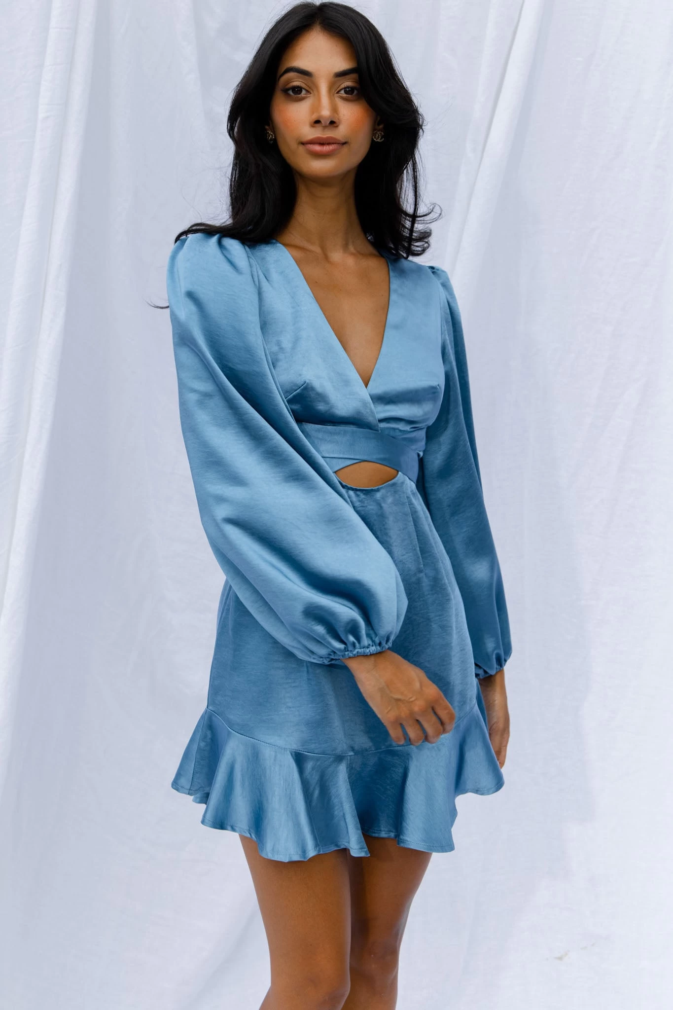 Playa Vista Long Sleeve Frill Hem Dress Blue - Image 7