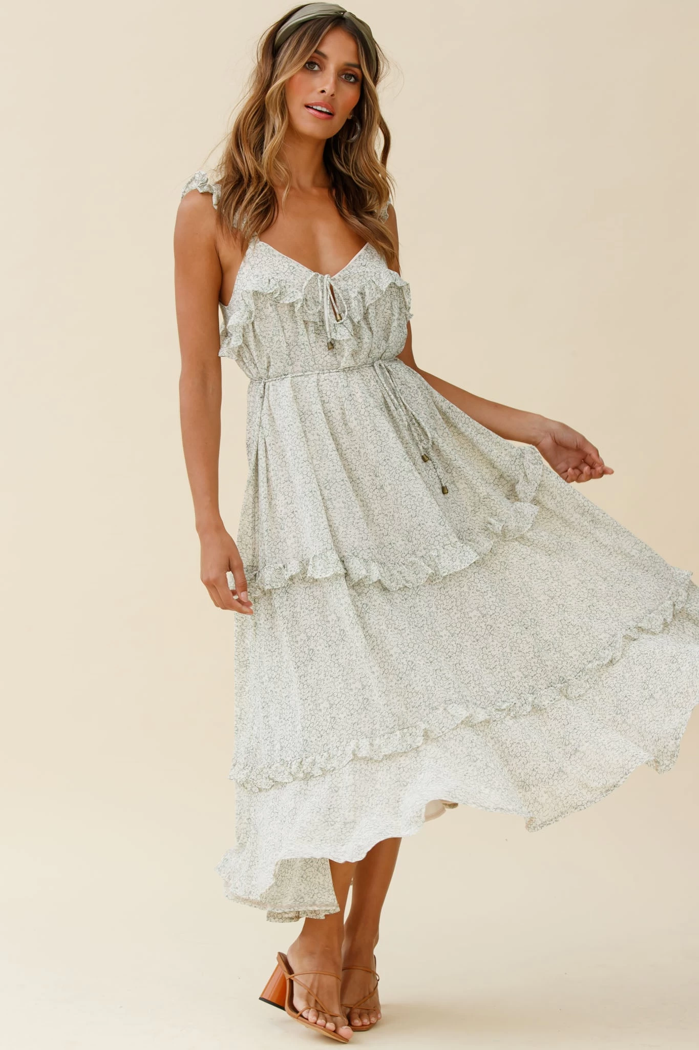 Priscilla Tied Bust Frill Detail Maxi Dress Floral Print Olive - Image 6