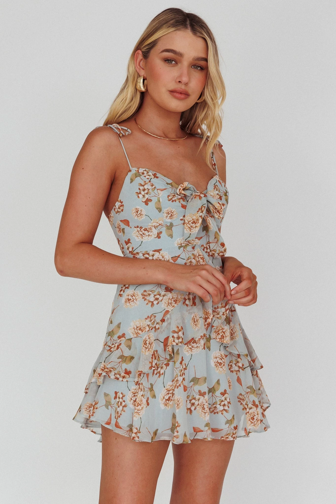 Flower Child Bust Tie Ruffle Trim Dress Roses Blue - Image 5