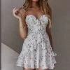 Flower Child Bust Tie Ruffle Trim Dress Rose Print White