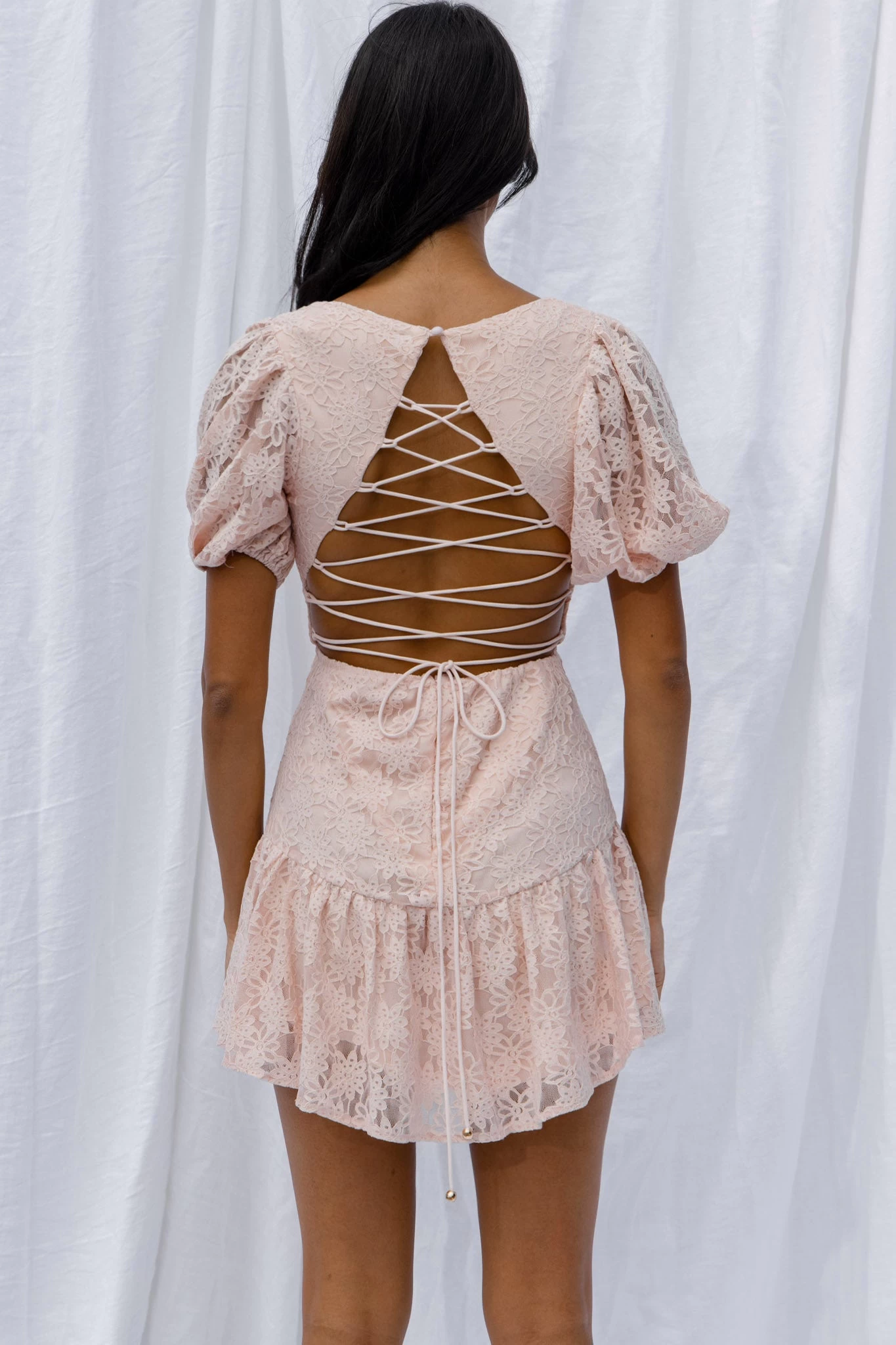 Petite Cherie Puff Sleeve Lace-Up Back Dress Lace Blush - Image 5