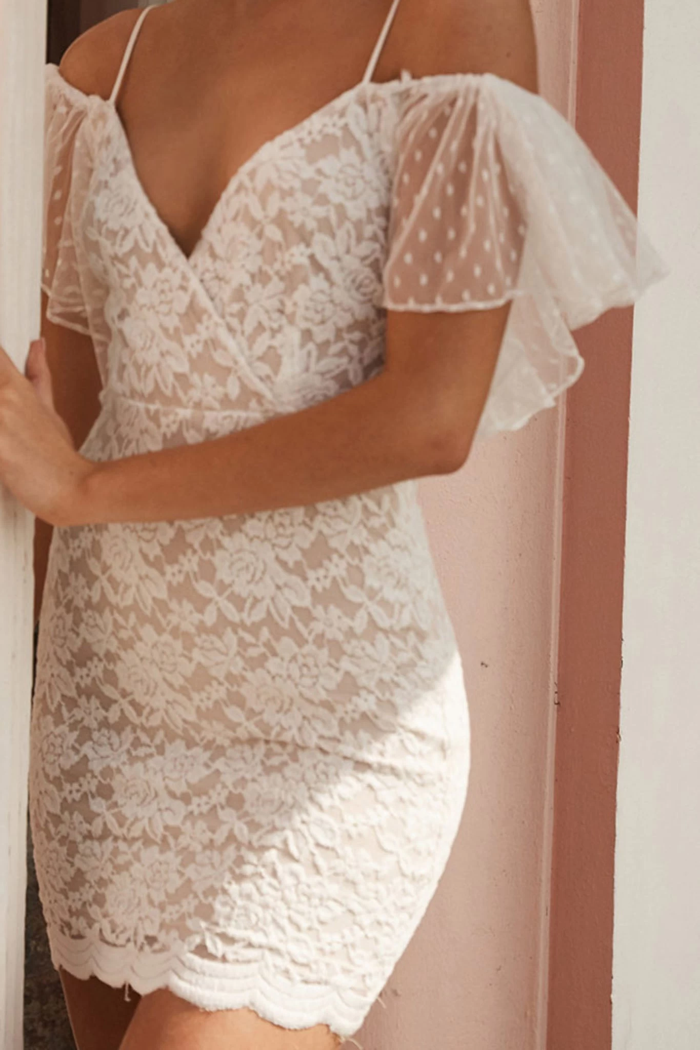 Maribel Hail Spot Sleeve Lace-Up Back Lace Mini Dress White - Image 7