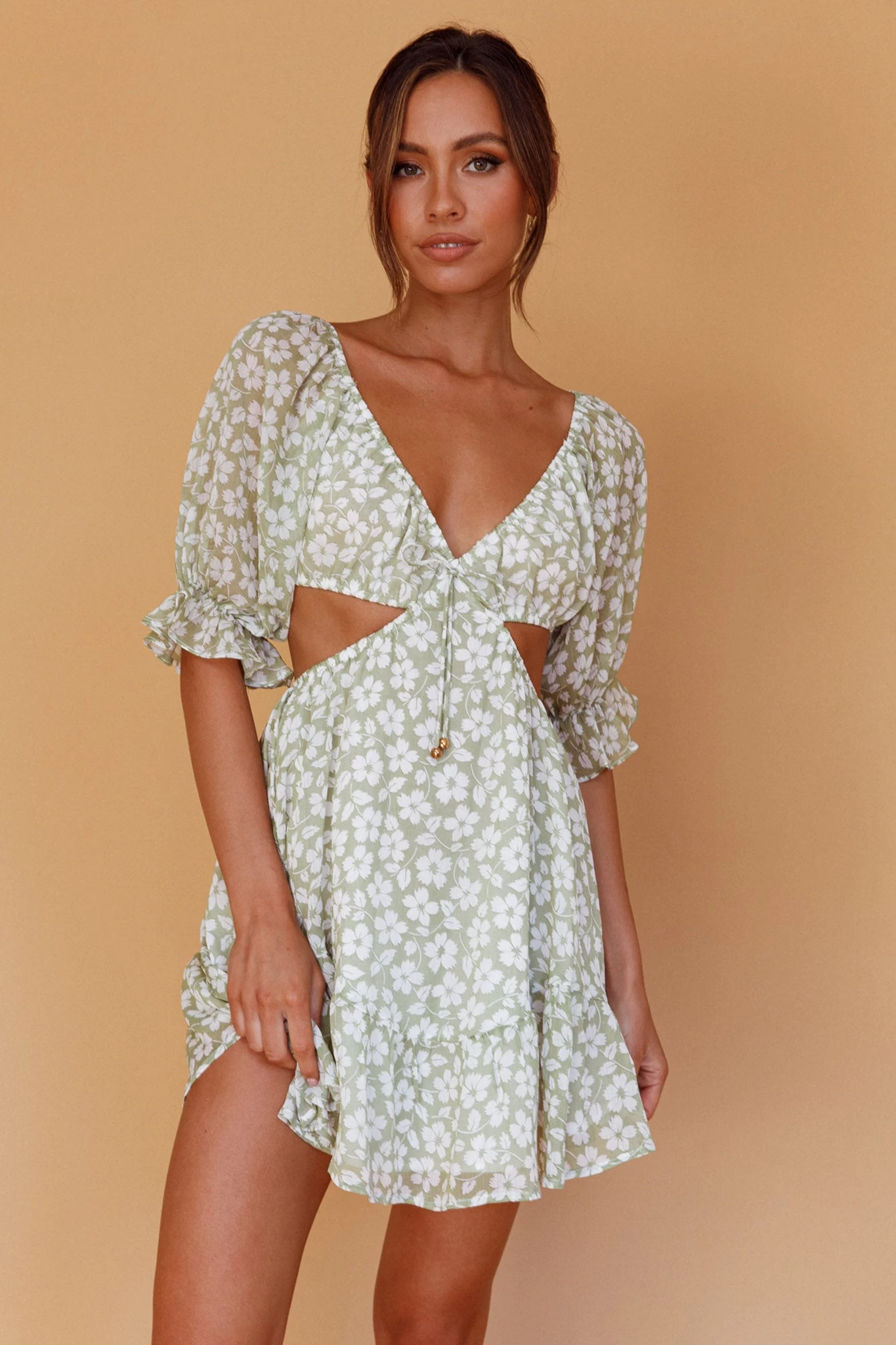 Fancy Free Puff Sleeve Cut-Out Dress Floral Green - Image 6