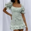 Georgia Peach Puff Sleeve Double Frill Hem Lace Dress Mint