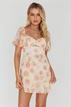 Catch Feelings Sweetheart Puff Sleeve Mini Dress Leaves Beige