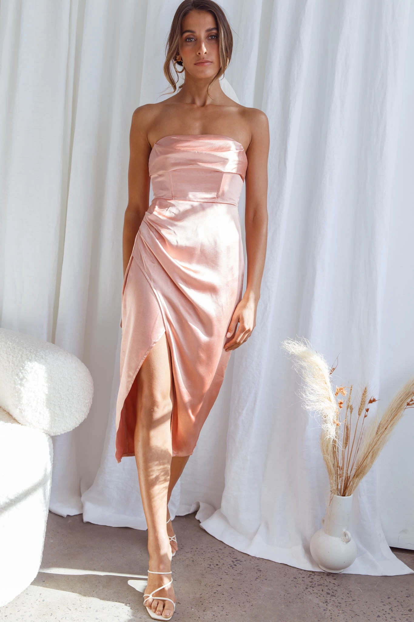 Dolce Vita Cowl Bust Strapless Midi Dress Apricot - Image 7