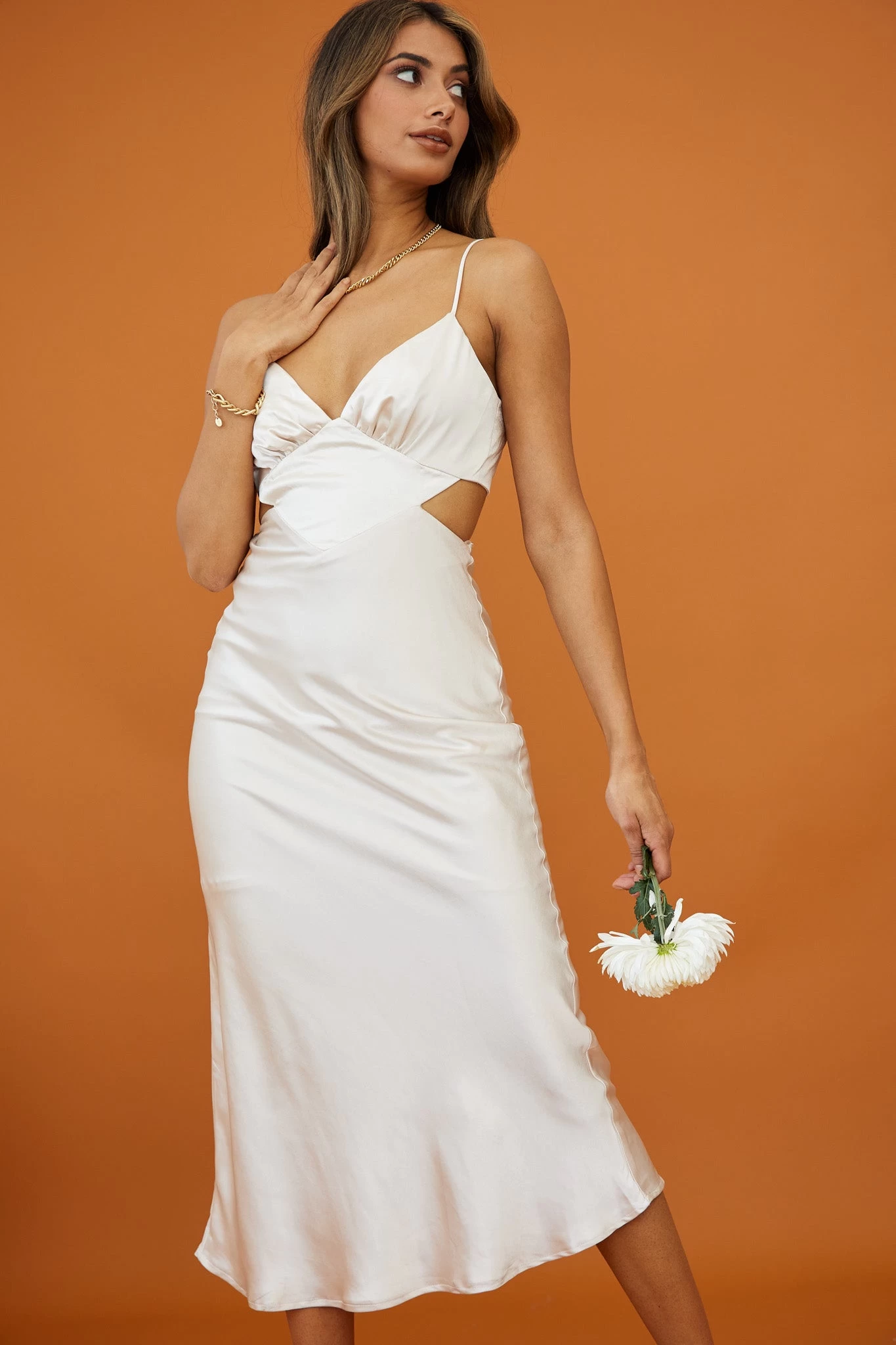 City Lights Cut-Out Waist Strappy Back Midi Dress Champagne - Image 5