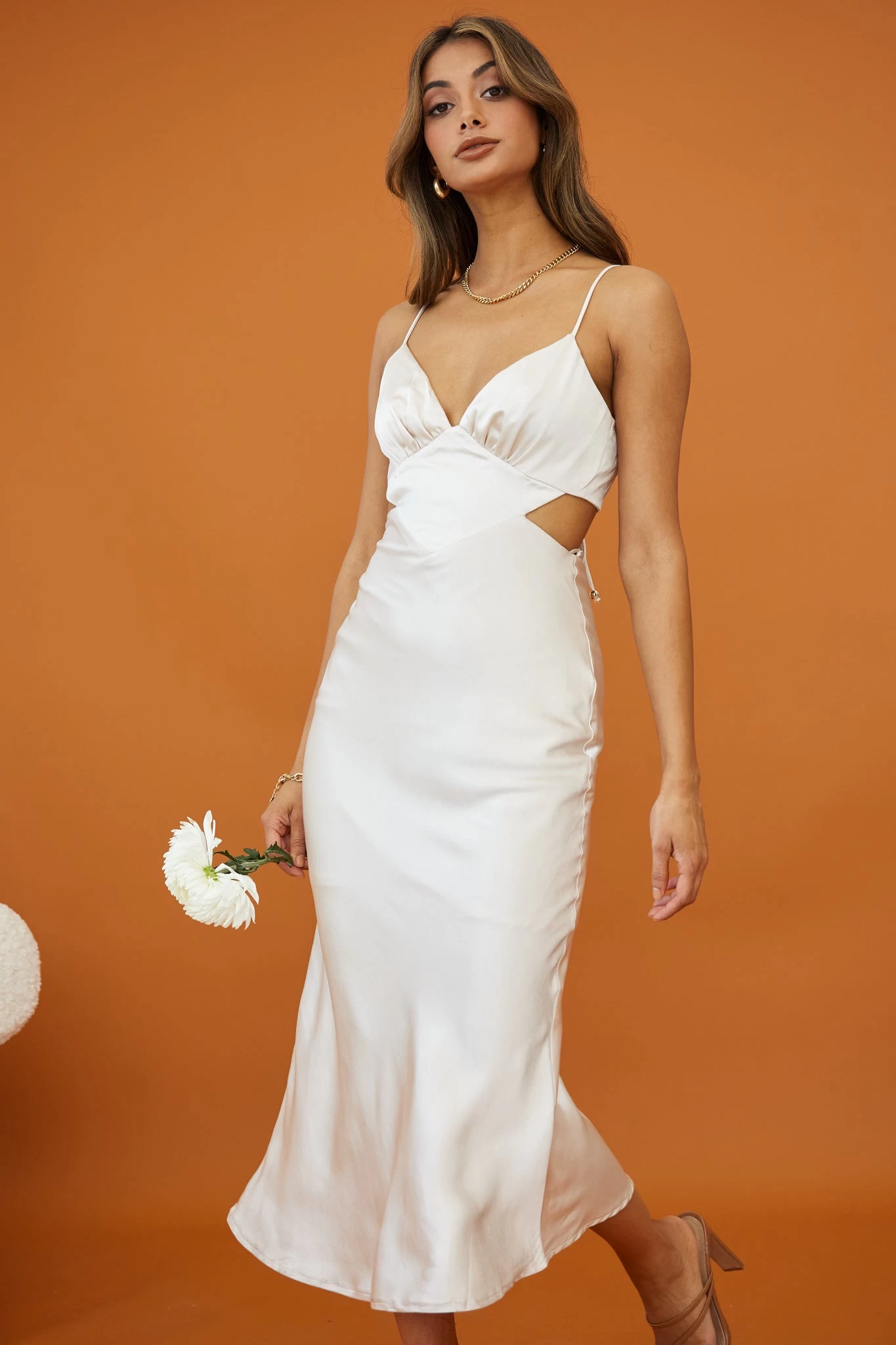 City Lights Cut-Out Waist Strappy Back Midi Dress Champagne - Image 6