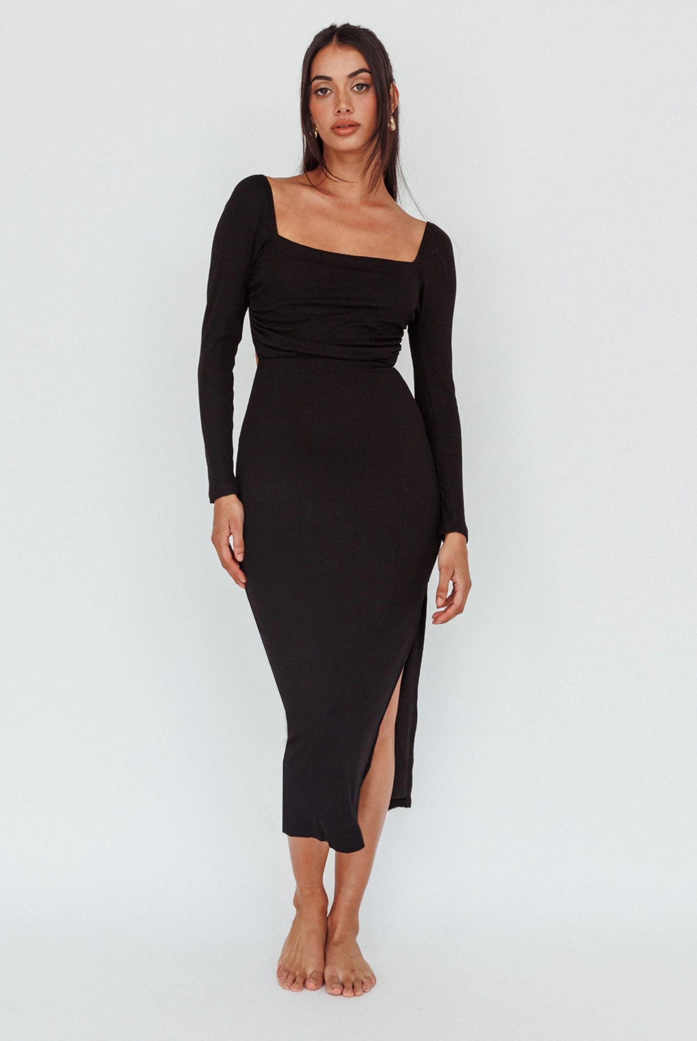 Dream Crush Long Sleeve Lace-Up Midi Dress Black - Image 5