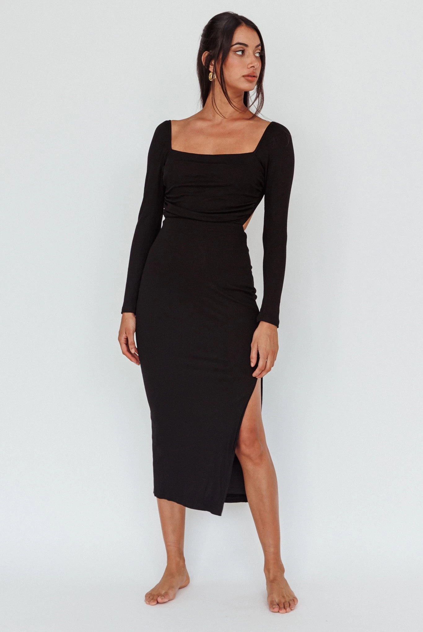 Dream Crush Long Sleeve Lace-Up Midi Dress Black - Image 6