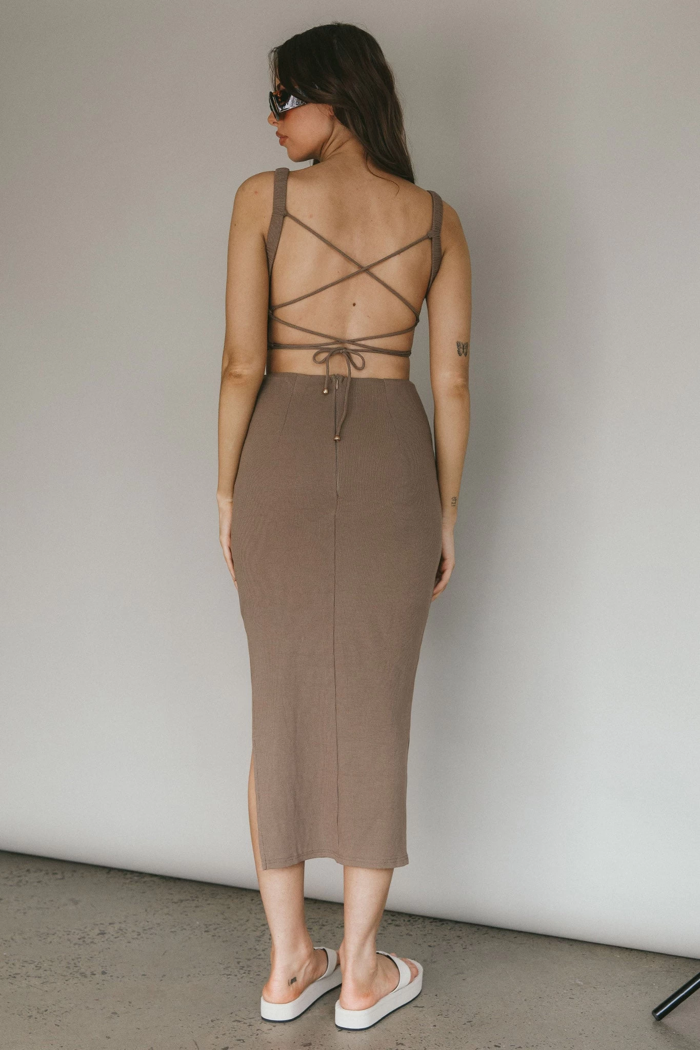 Dream Crush Lace-Up Back Side Split Midi Dress Khaki - Image 2