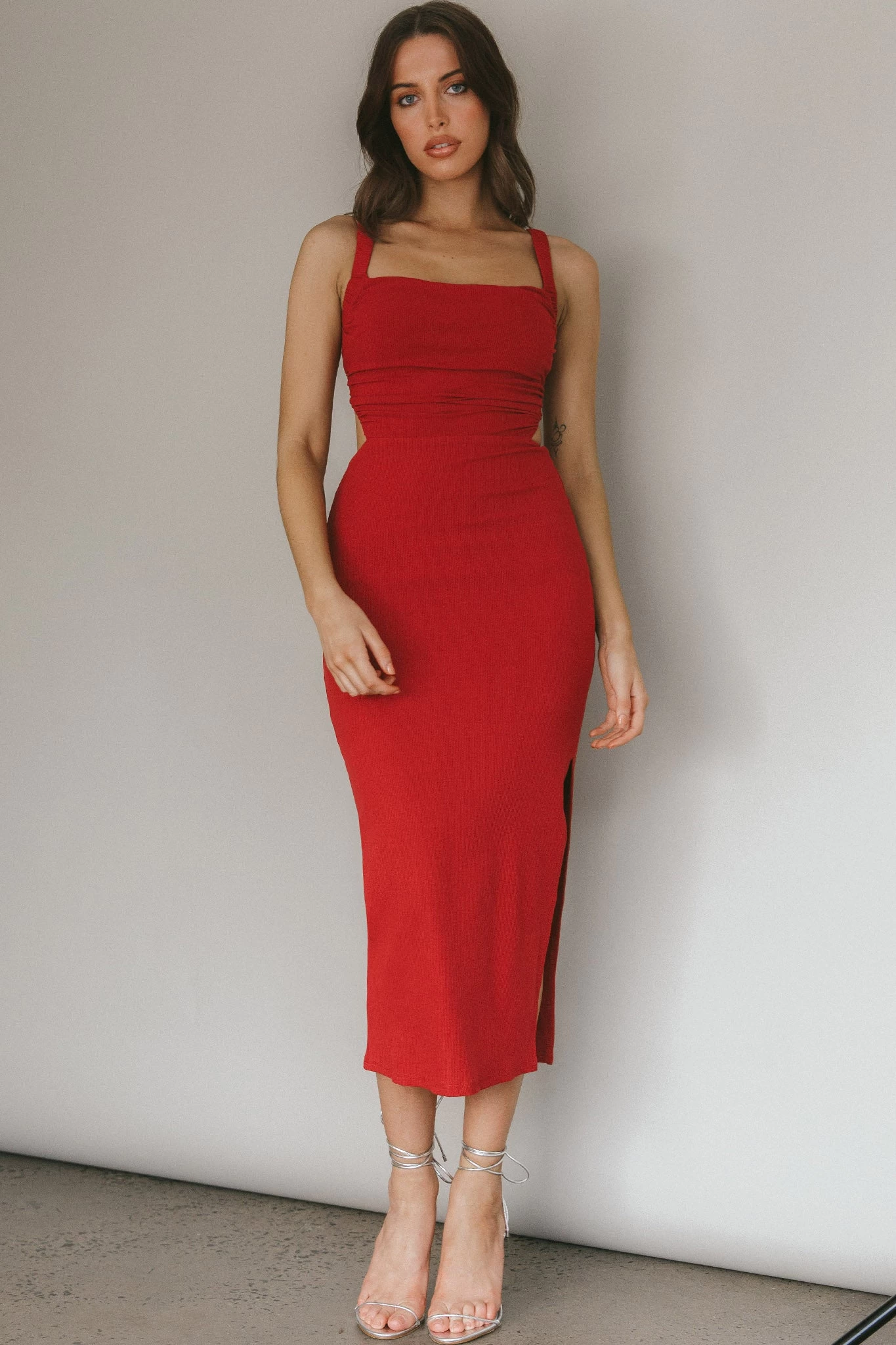 Dream Crush Lace-Up Back Side Split Midi Dress Wine - Image 4