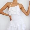Kristy Halterneck Shirred Bodice Ruffle Mini Dress White