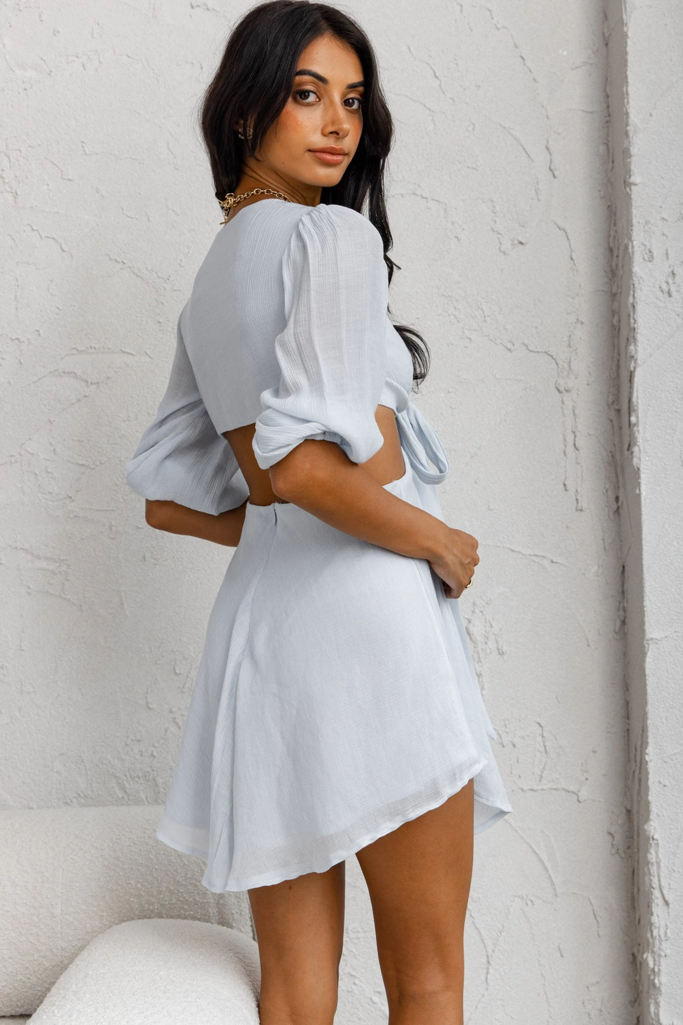 Sunshine Sweetie Cut-Out Waist Tie Feature Mini Dress Steel Blue - Image 2