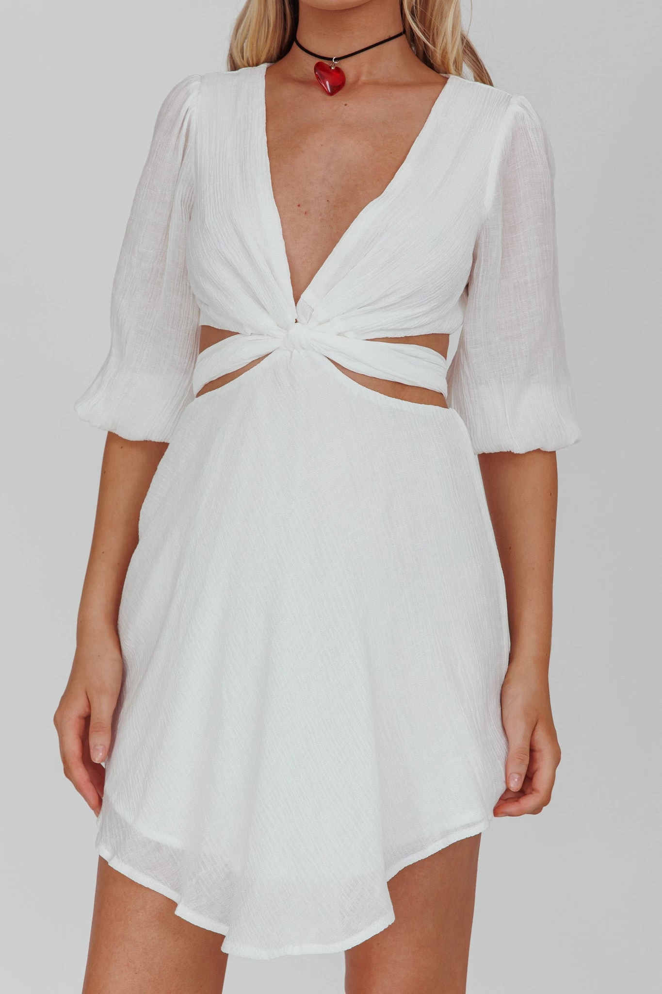 Sunshine Sweetie Cut-Out Waist Tie Feature Mini Dress White - Image 4