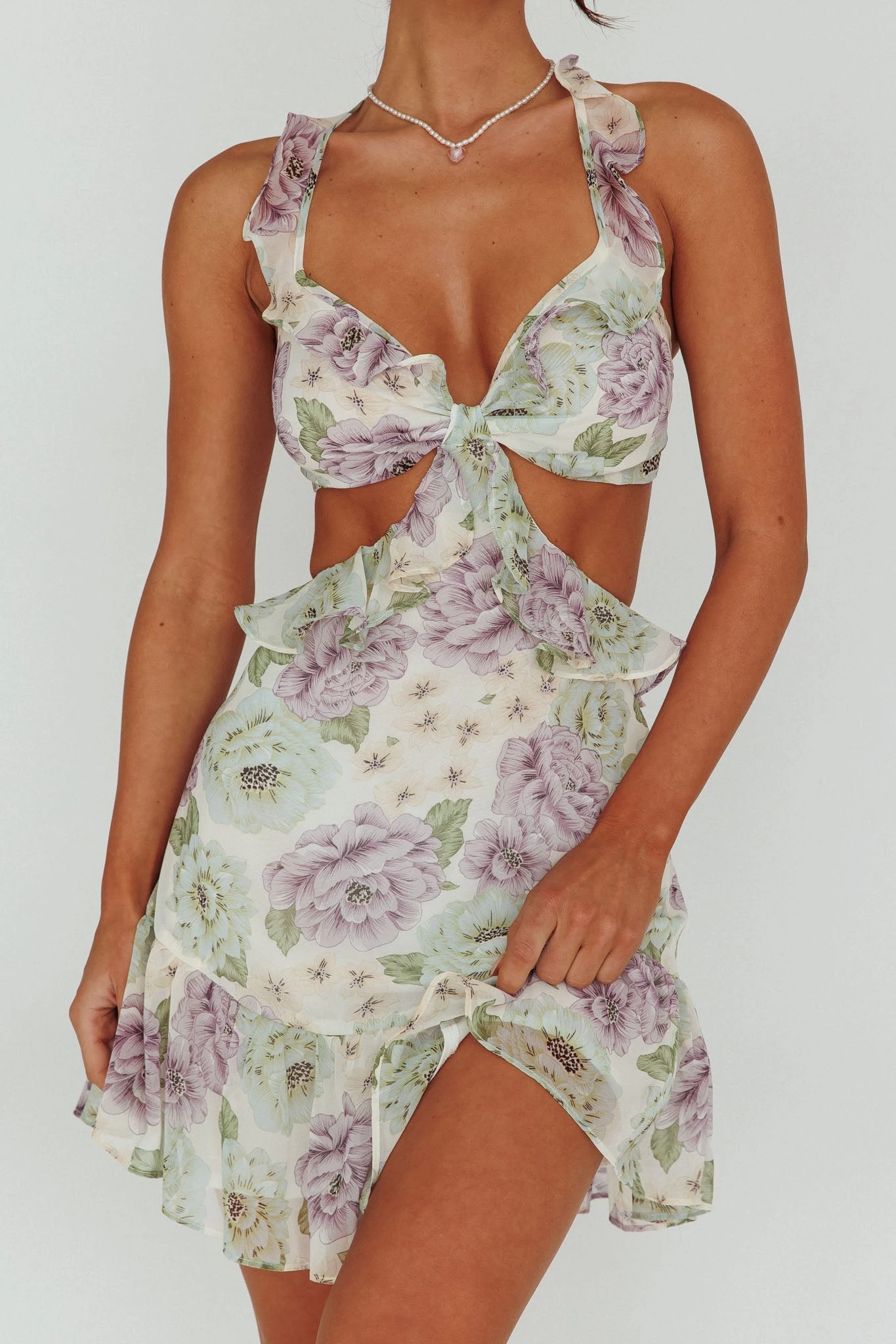 Violette Ruffle Strap Cut-Out Mini Dress Floral White - Image 4