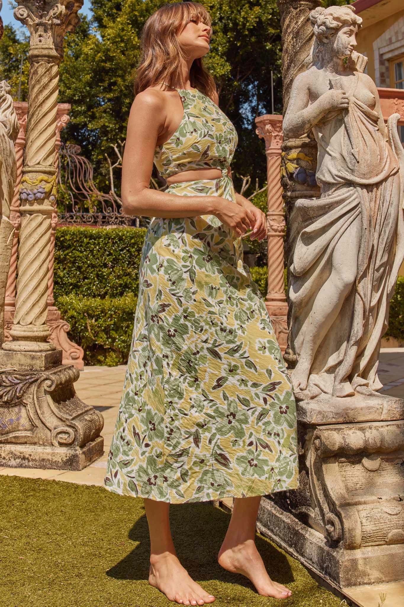 Utopia Cut-Out Waist Midi Dress Green/Yellow - Image 3