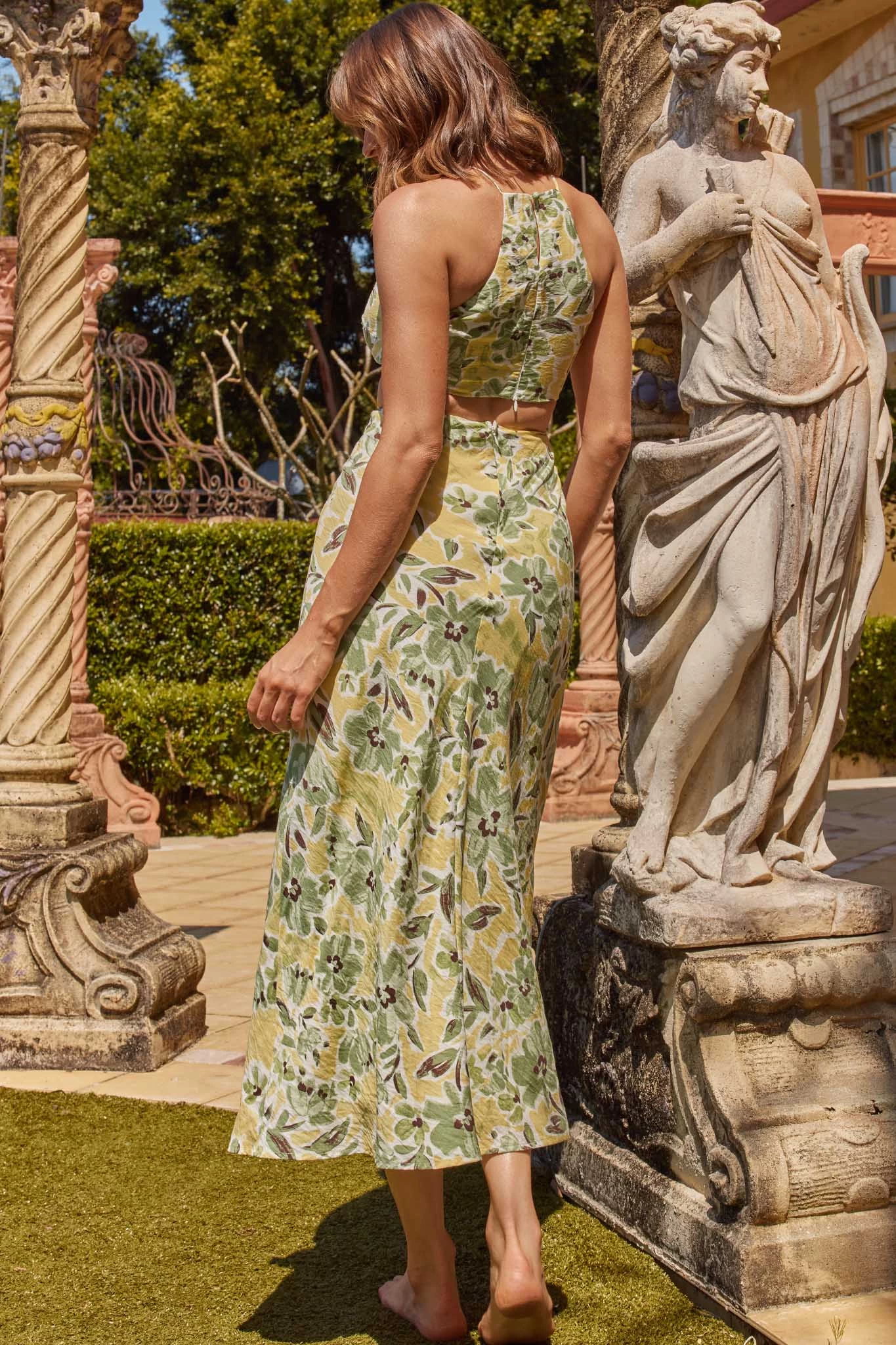 Utopia Cut-Out Waist Midi Dress Green/Yellow - Image 2