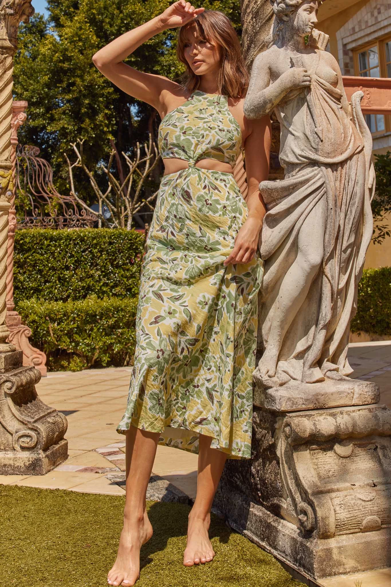 Utopia Cut-Out Waist Midi Dress Green/Yellow - Image 5