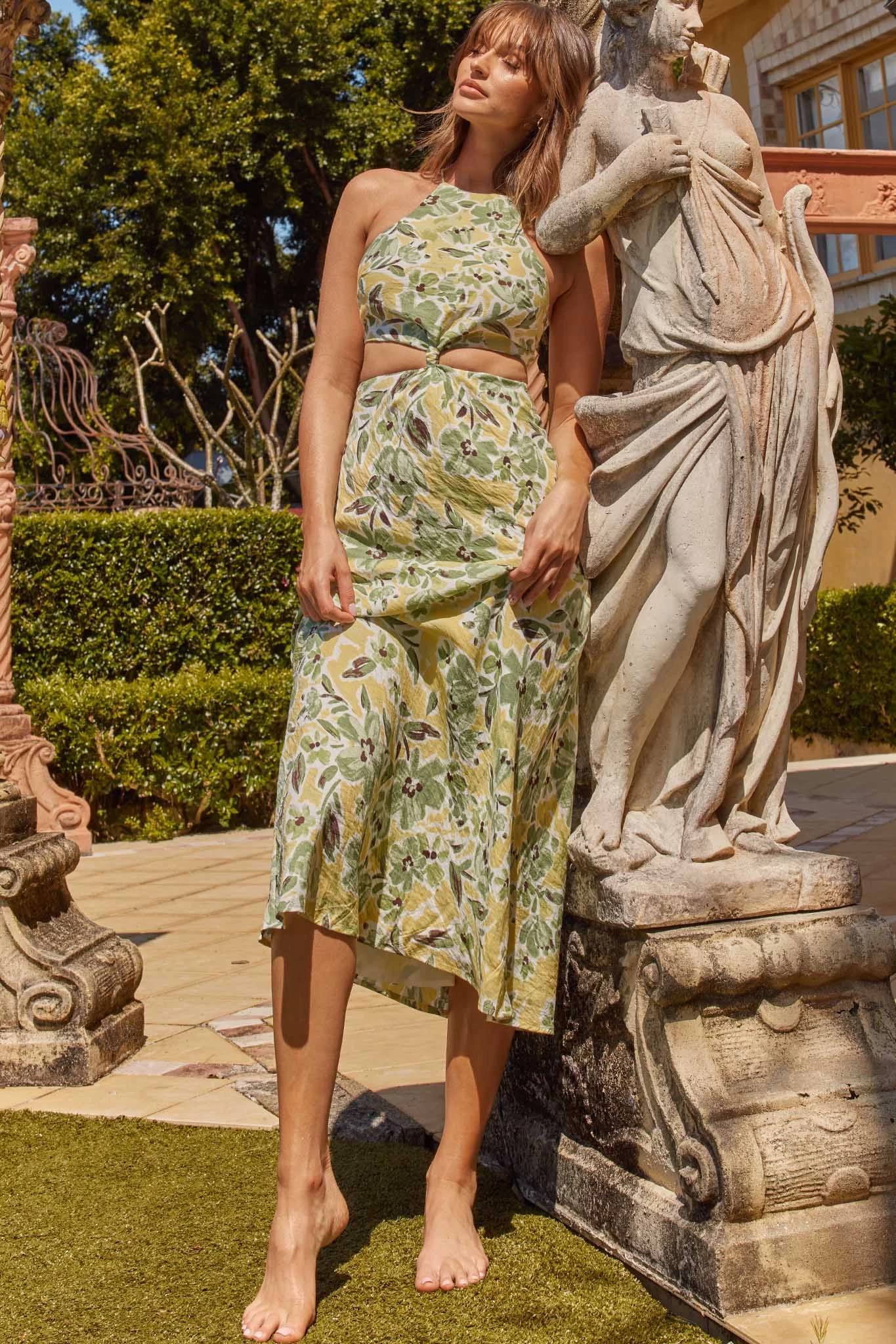 Utopia Cut-Out Waist Midi Dress Green/Yellow - Image 7