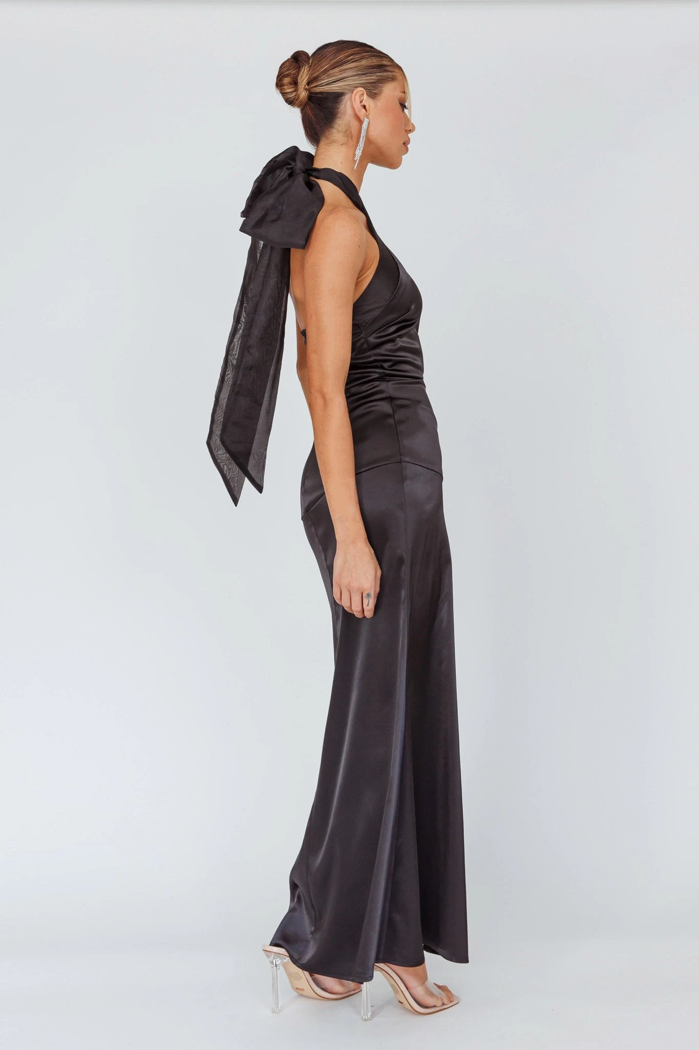 Andria Halterneck Bow Satin Maxi Dress Black - Image 3