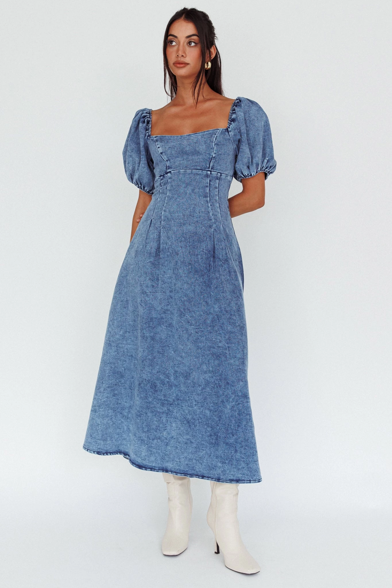Zurich Puff Sleeve Midi Dress Blue - Image 3