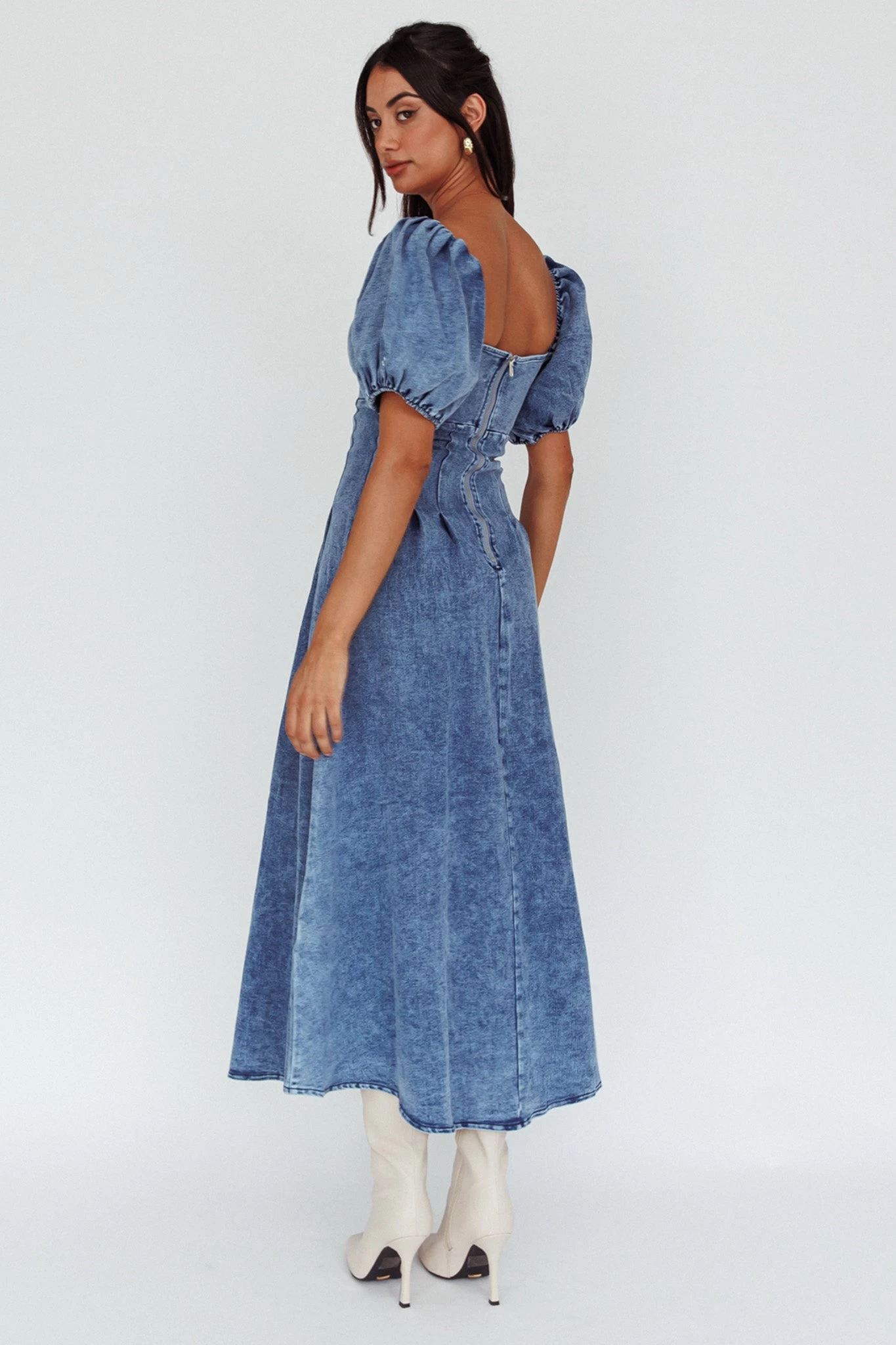 Zurich Puff Sleeve Midi Dress Blue - Image 2