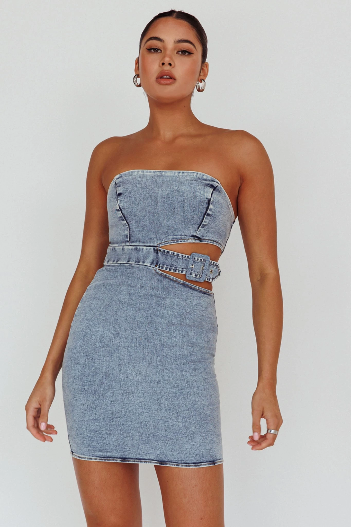 Jett Buckle Waist Mini Dress Denim Blue - Image 3