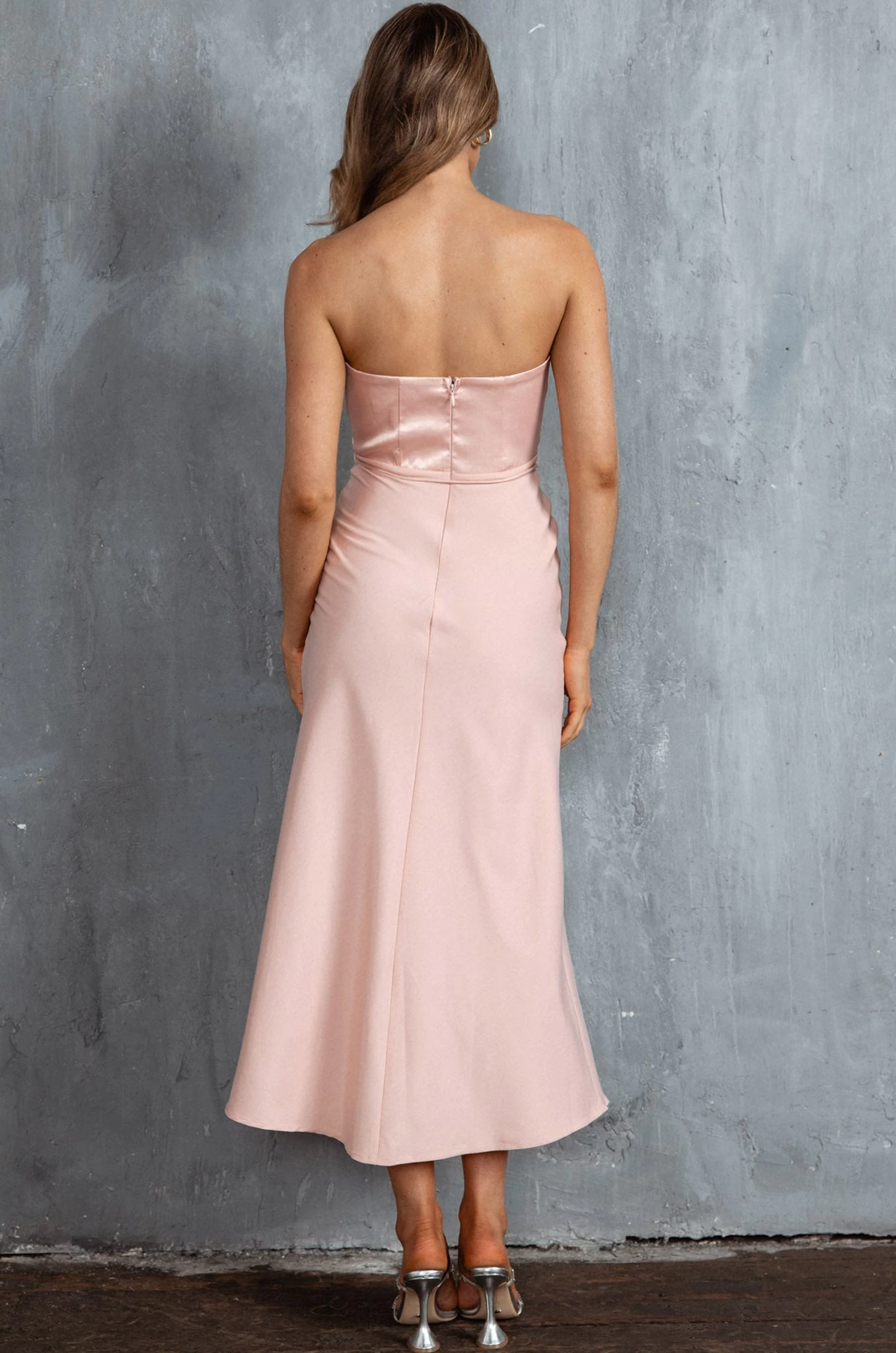 Brittini Satin Bust Strapless Midi Dress Blush - Image 11