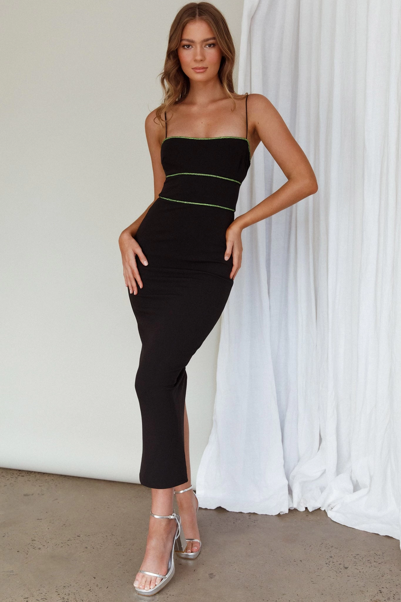 Esperance Diamante Trim Midi Dress Black - Image 5