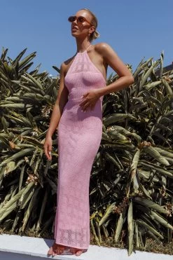 Bermuda Shores Crochet Maxi Dress Pink