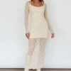 Happy Place Long Sleeve Crochet Midi Dress Beige