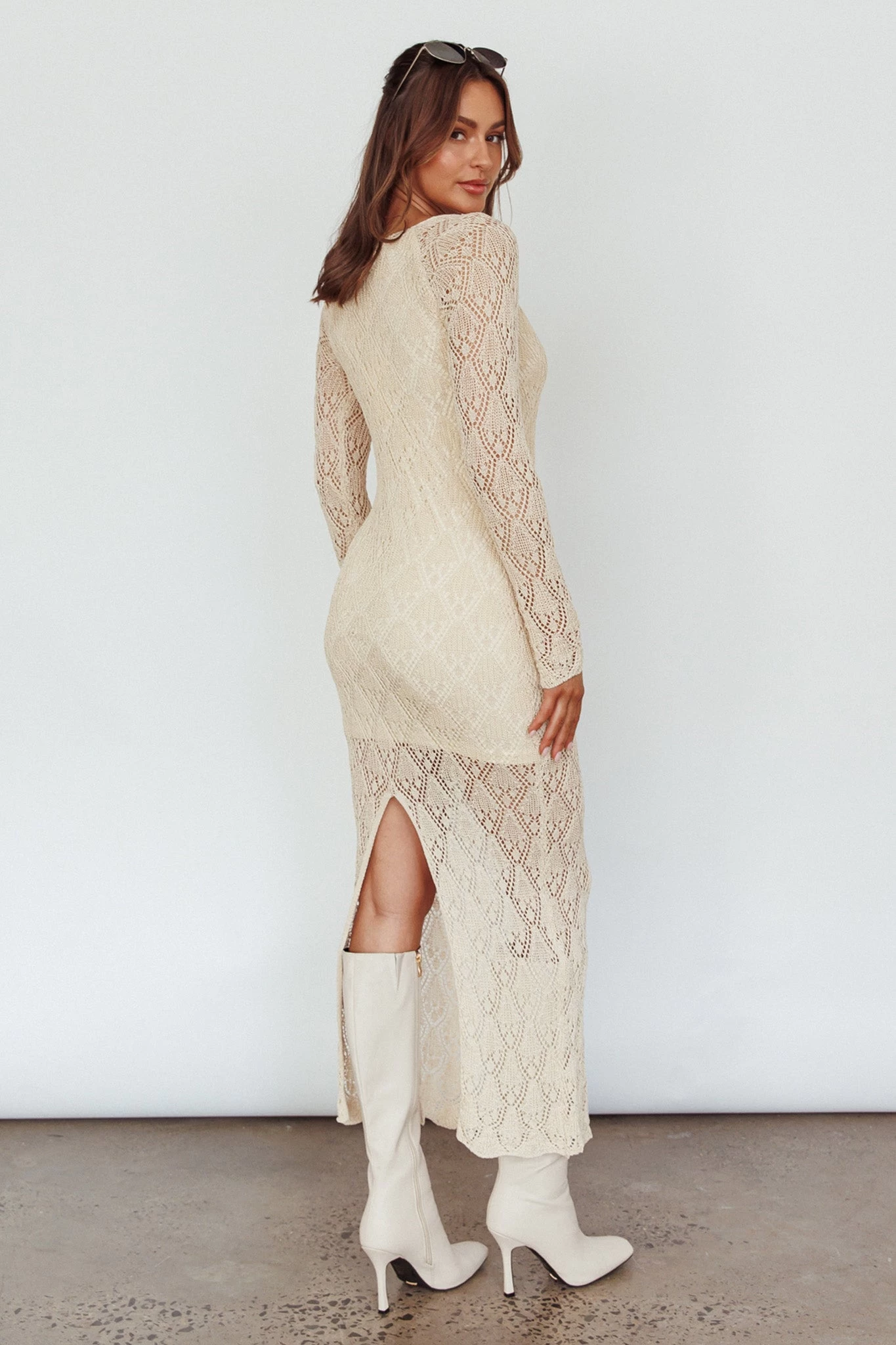 Happy Place Long Sleeve Crochet Midi Dress Beige - Image 2